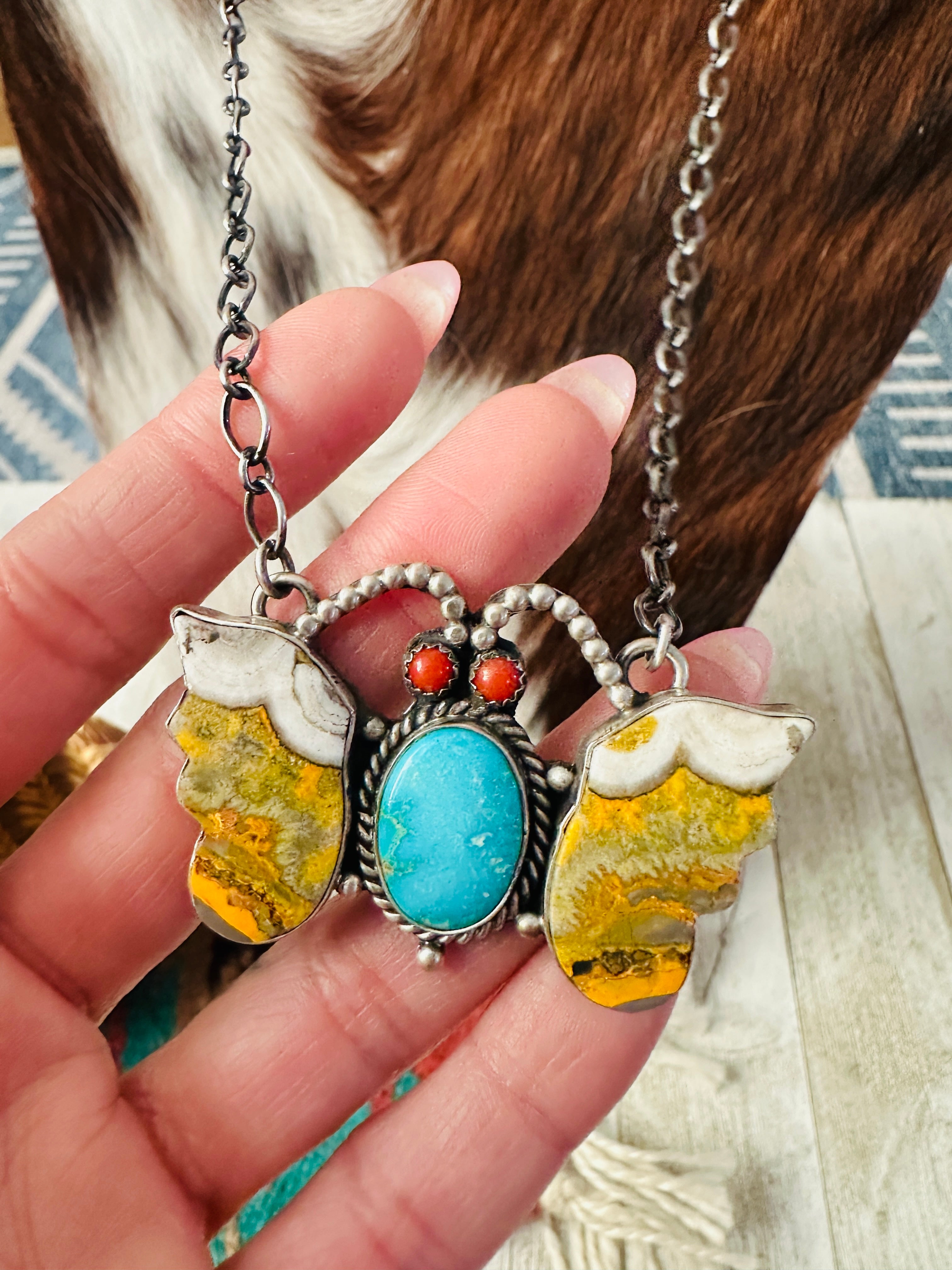 Handcrafted Sterling Silver, Bumblebee, Turquoise & Coral Butterfly Necklace by Patrick Yazzie