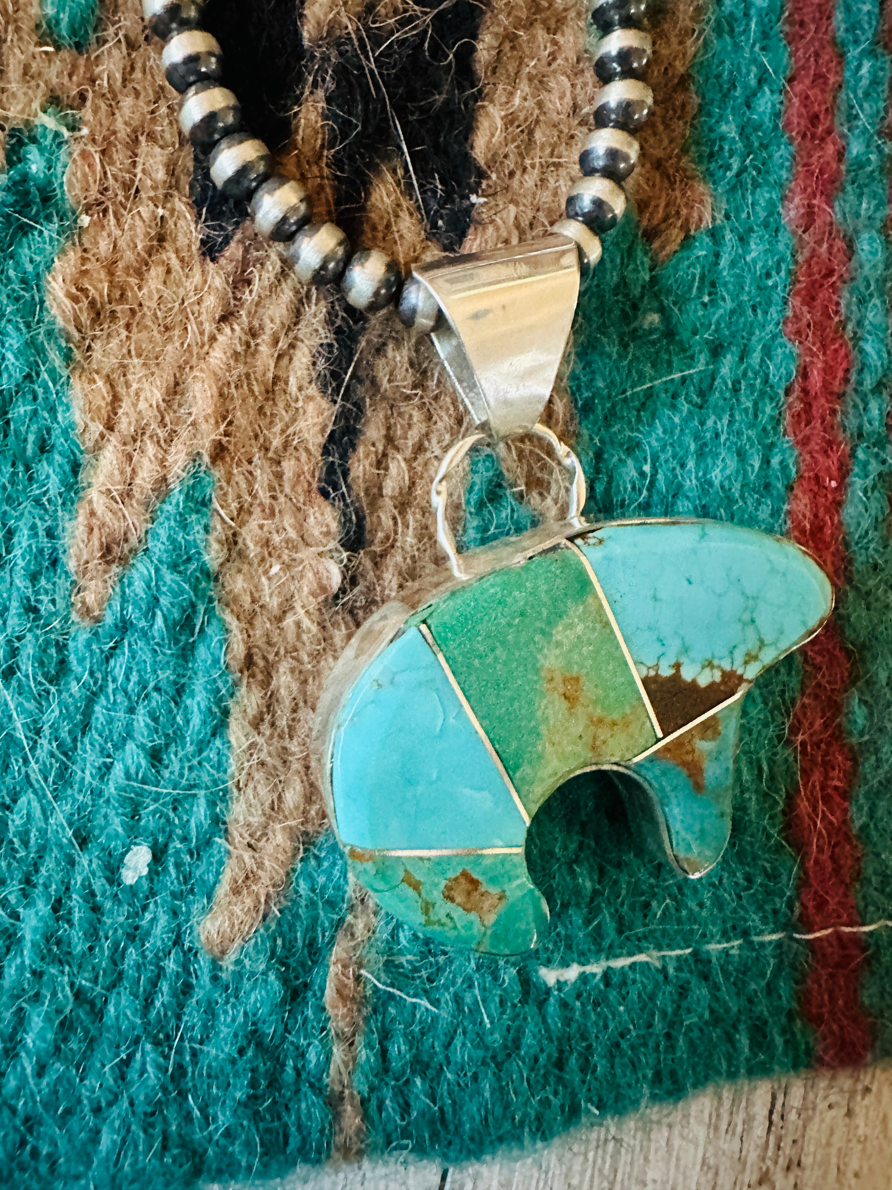 Handcrafted Turquoise & Sterling Silver Inlay Fetish Bear Pendant