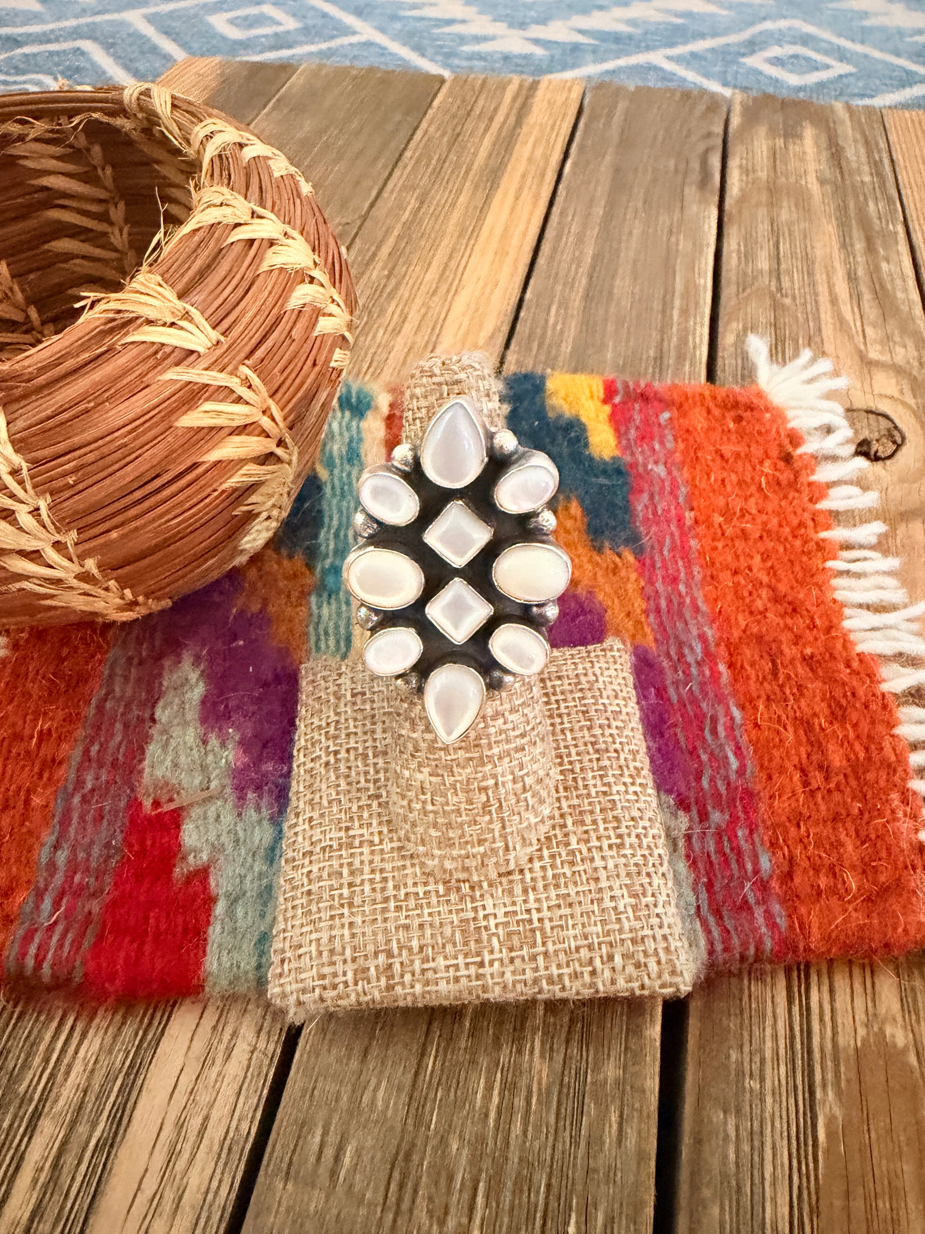 Handcrafted Mother of Pearl & Sterling Silver Cluster Ring Size 6 by Bonnie Benally