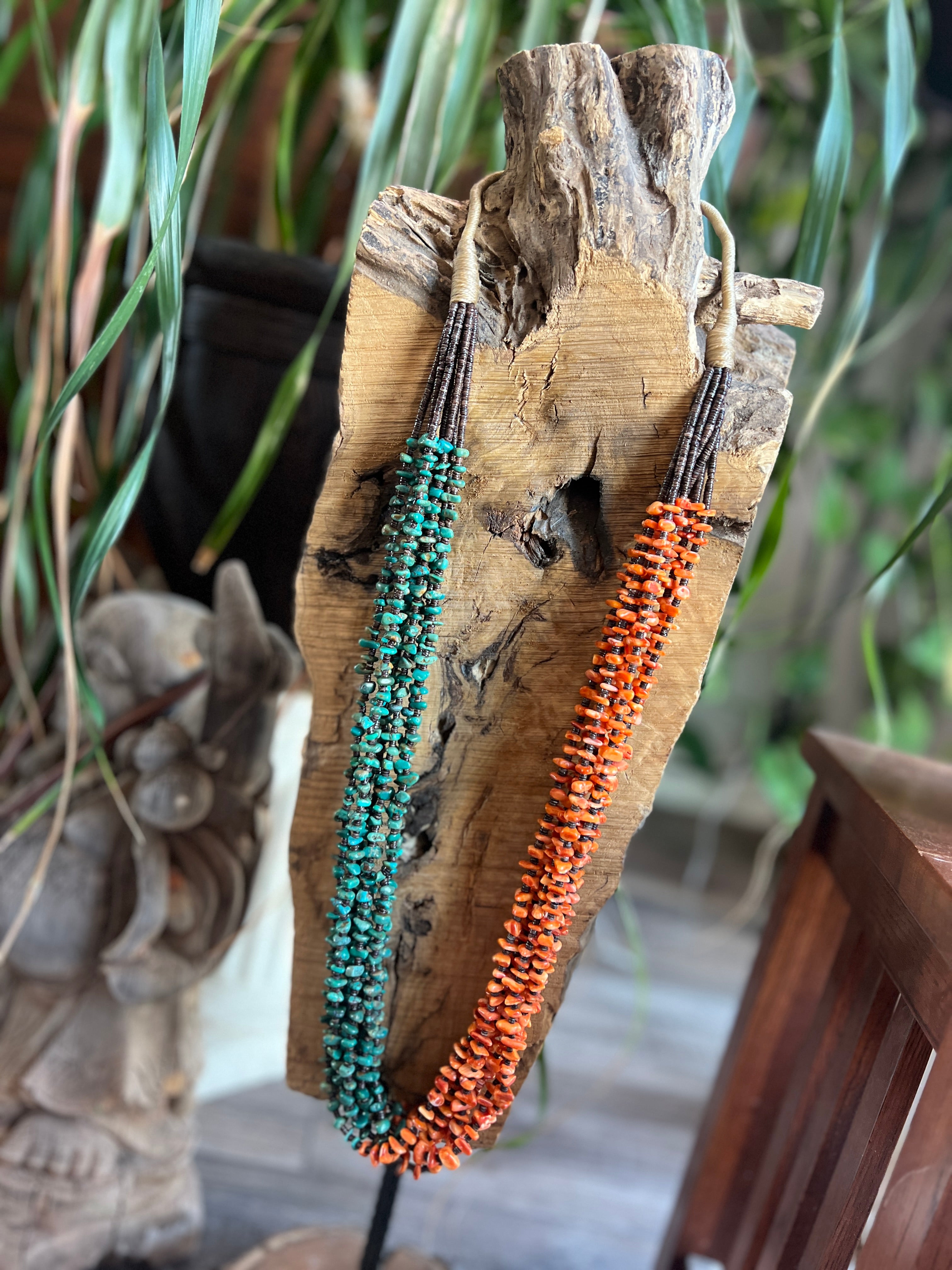 Handcrafted Eight Strand Spiny Oyster and Turquoise Beaded Squaw Wrap Necklace by Daniel Coriz
