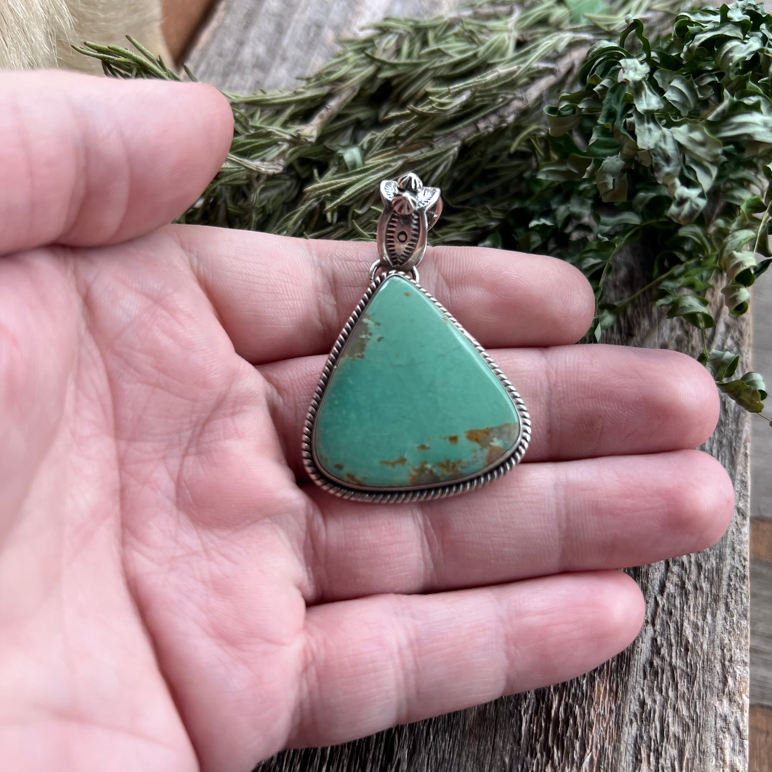Handmade Green Turquoise Triangle Shaped Sterling Silver Pendant