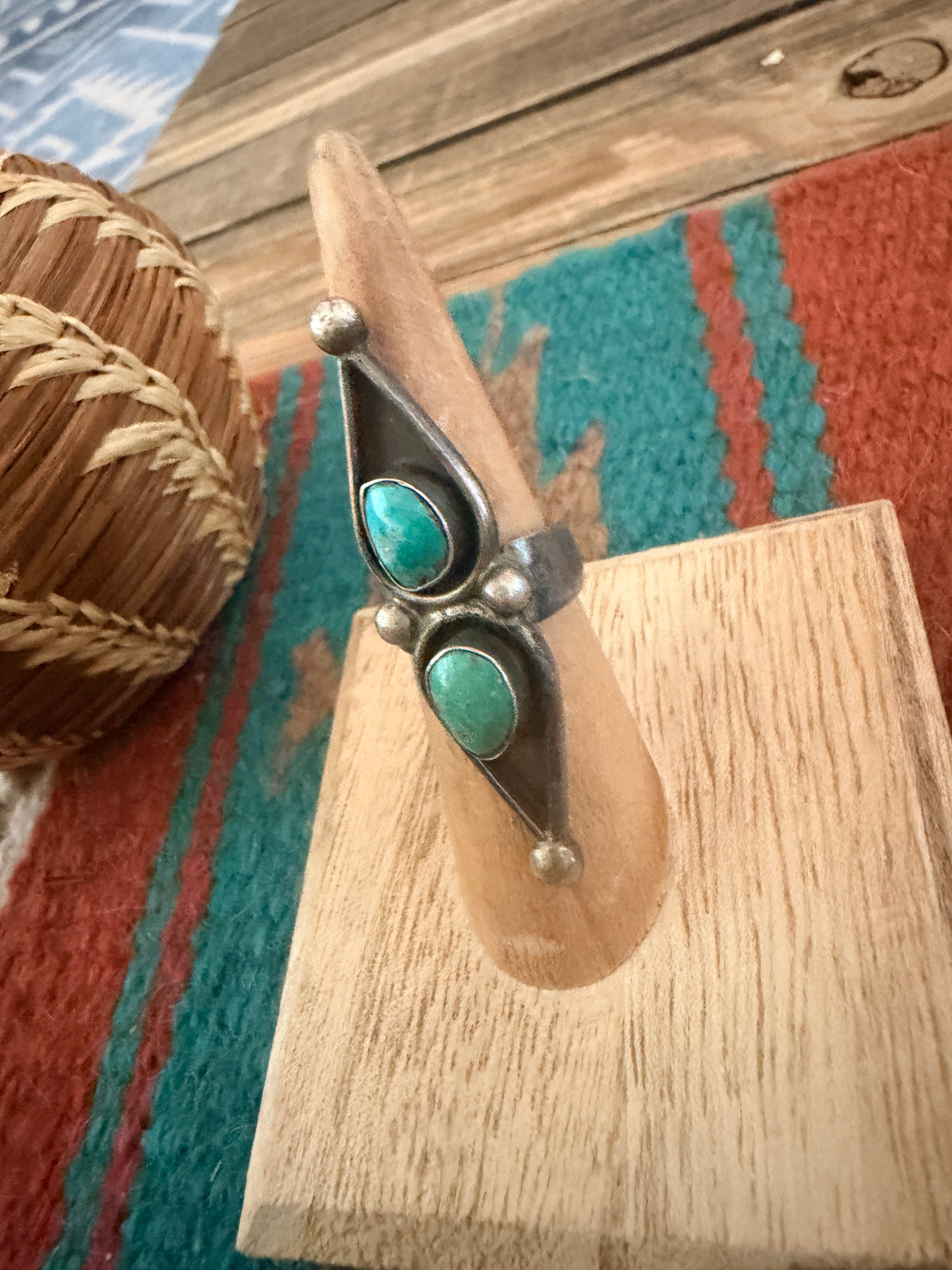 Old Pawn Handcrafted Turquoise & Sterling Silver Shadowbox Ring Size 6