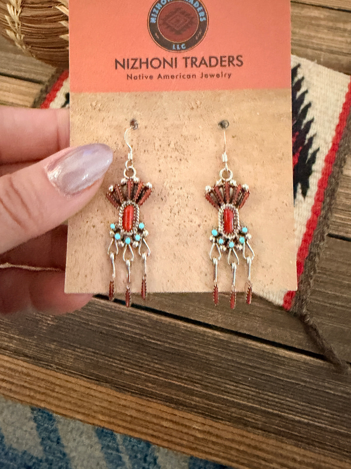 Handcrafted Coral, Turquoise & Sterling Silver Needlepoint Dangle Earrings