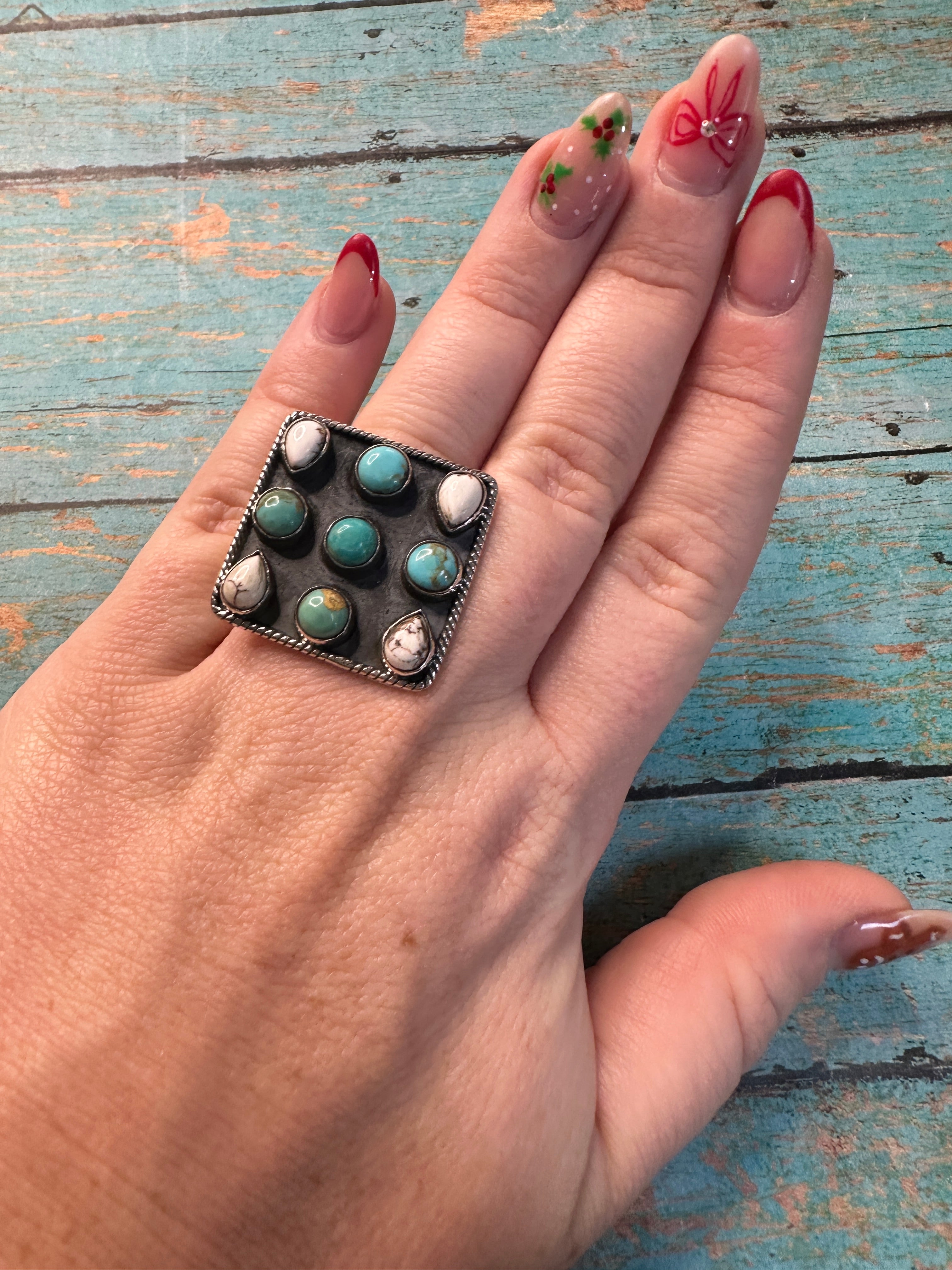 Beautiful Handmade White Buffalo, Turquoise And Sterling Silver Adjustable Ring