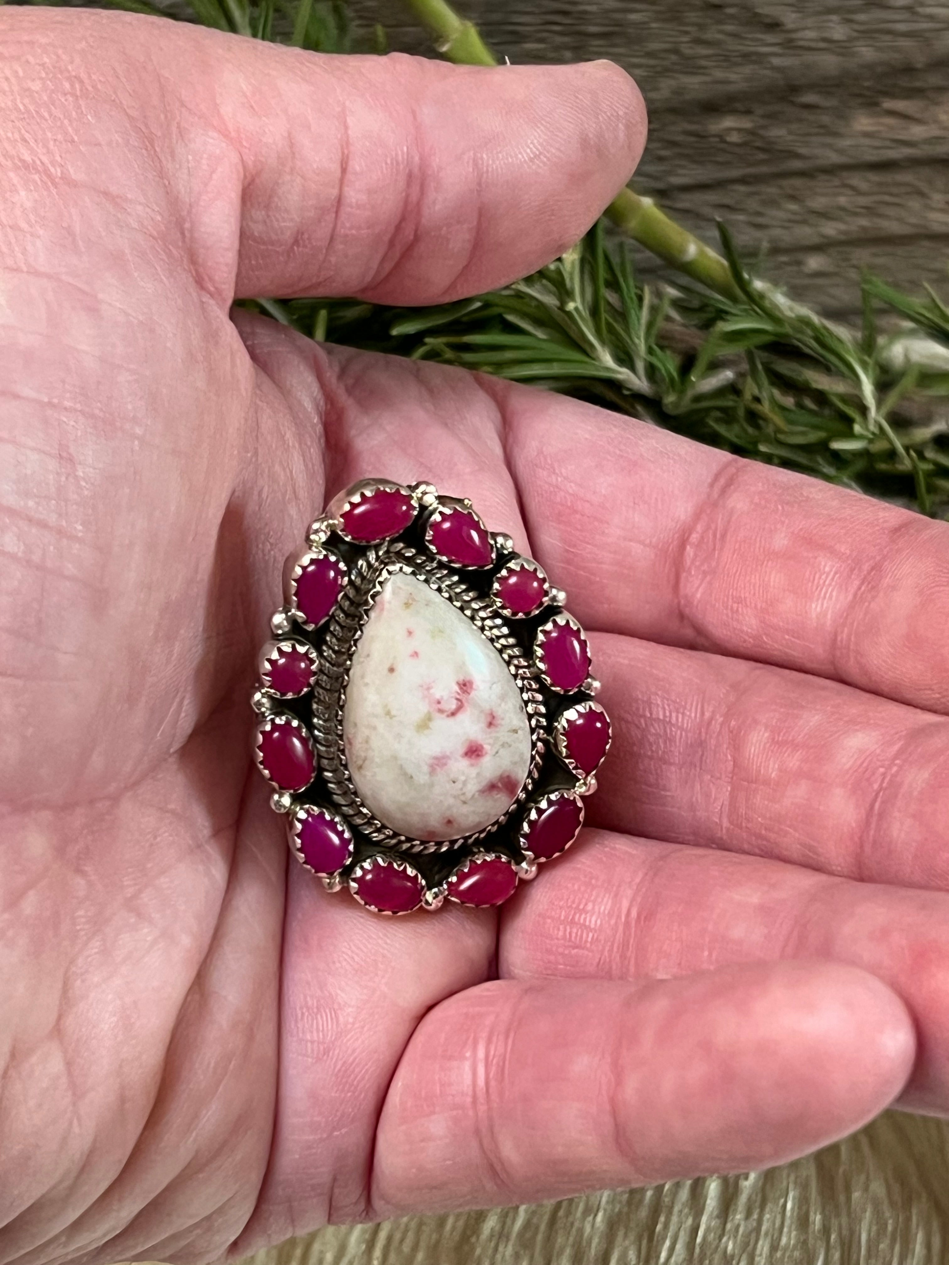 Handmade Pink & White Opal Sterling Silver Adjustable Ring
