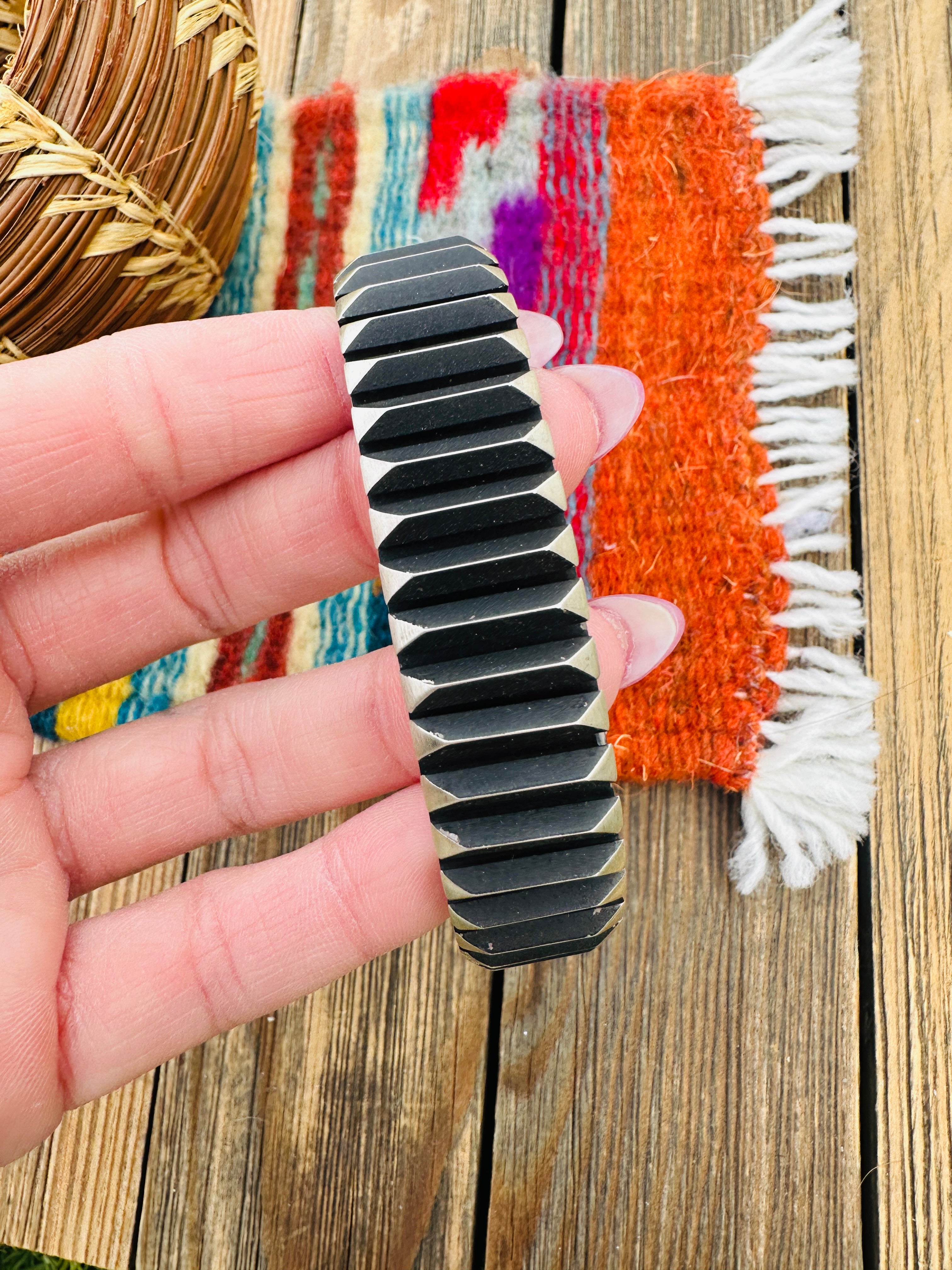 Hand Stamped Sterling Silver Cuff Bracelet by Leander Tahe