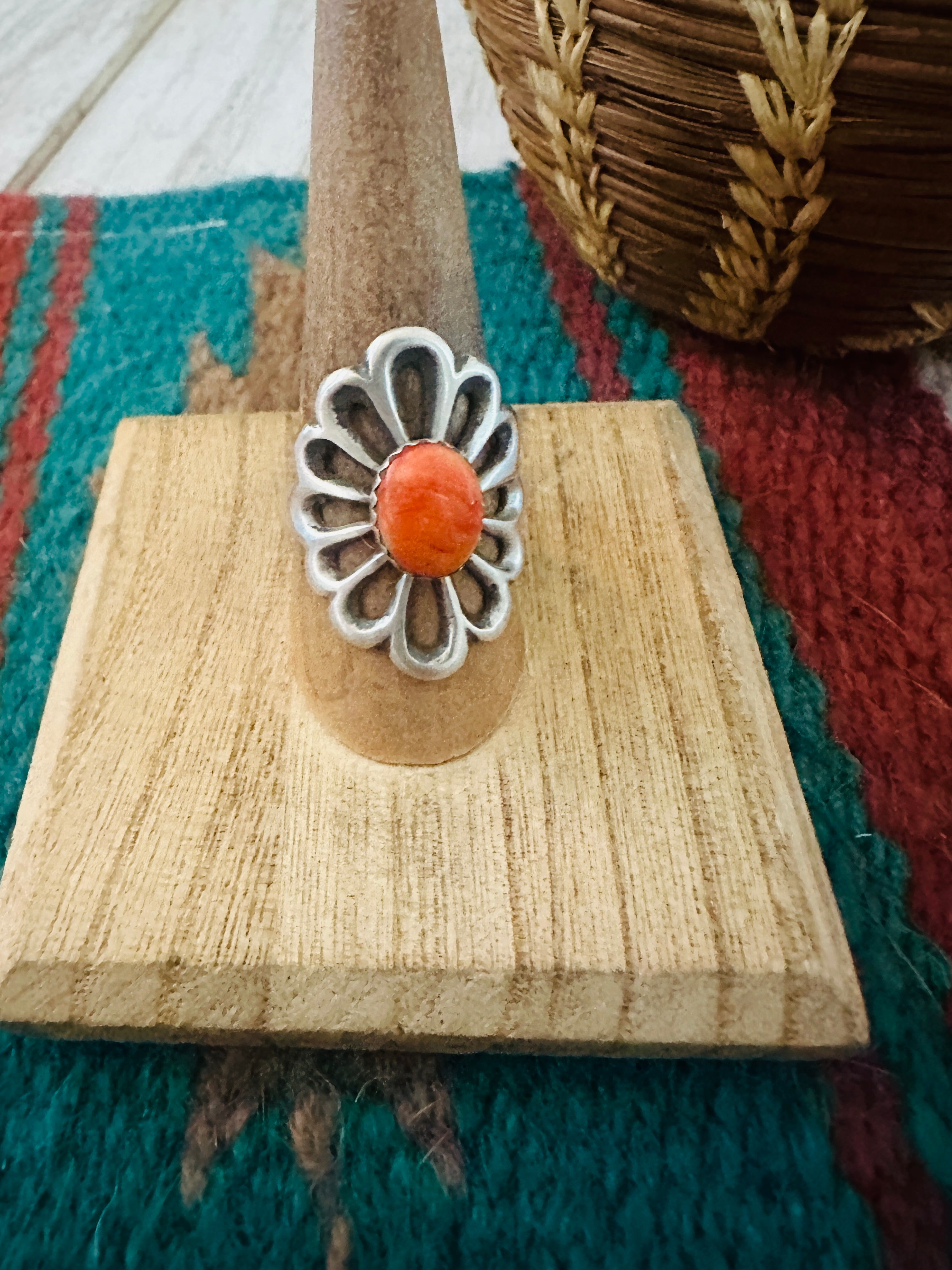 Handcrafted Sterling Silver & Orange Spiny Flower Ring