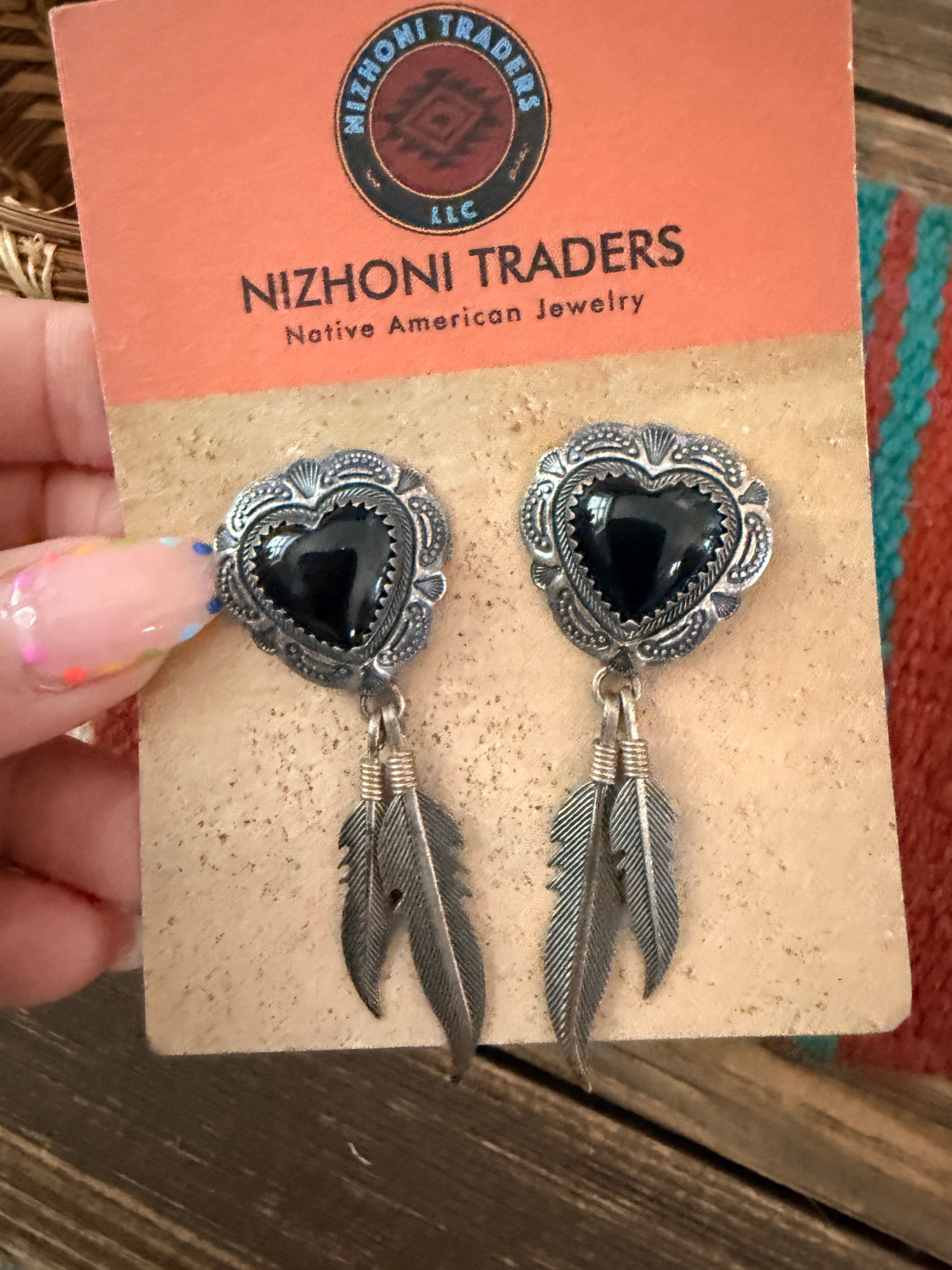 Old Pawn Vintage Handcrafted Onyx & Sterling Silver Heart Dangle Earrings