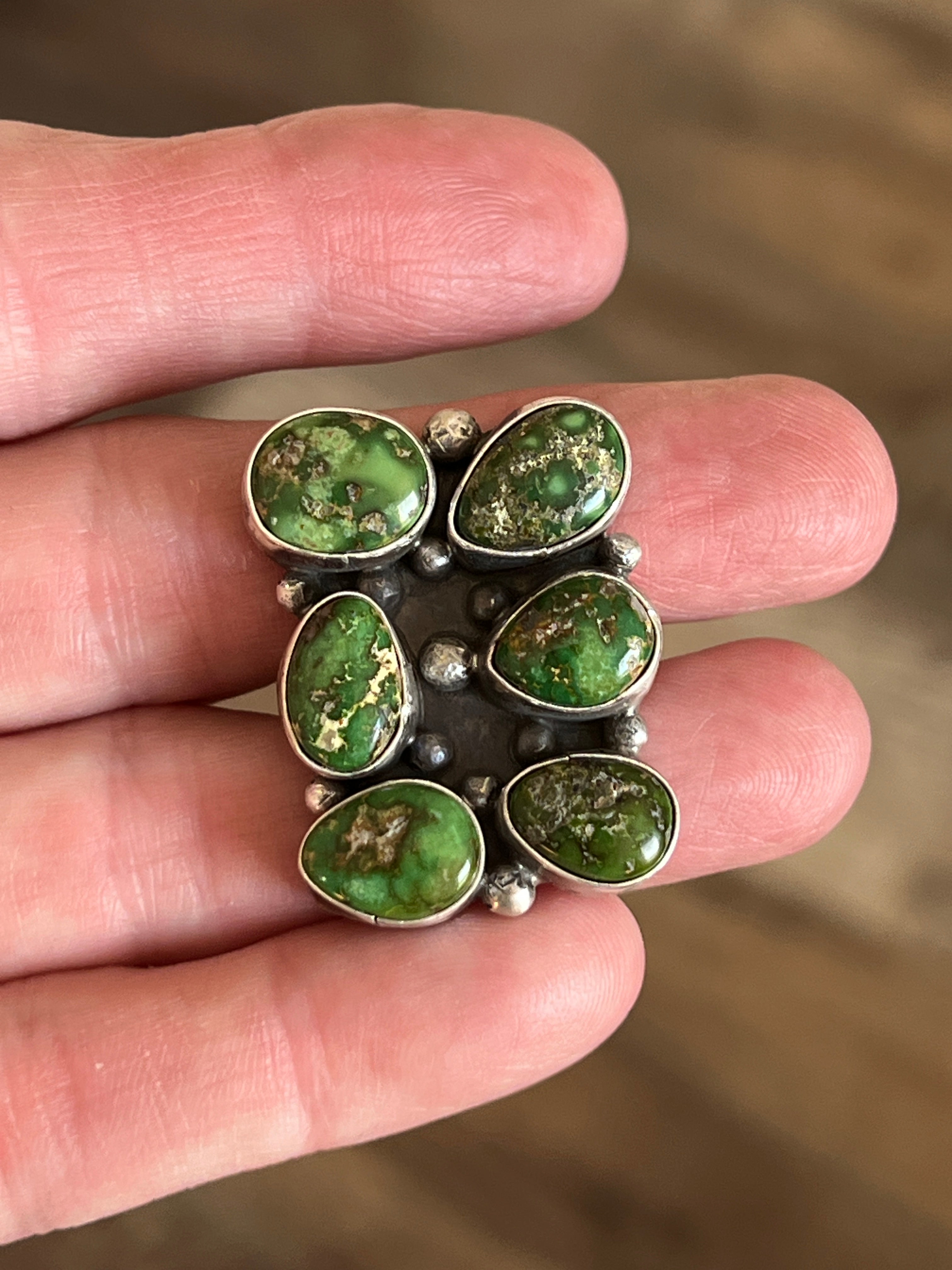 Handcrafted Sterling Silver and Sonoran Gold Turquoise Cluster Rings by Travis Jim, Size 8