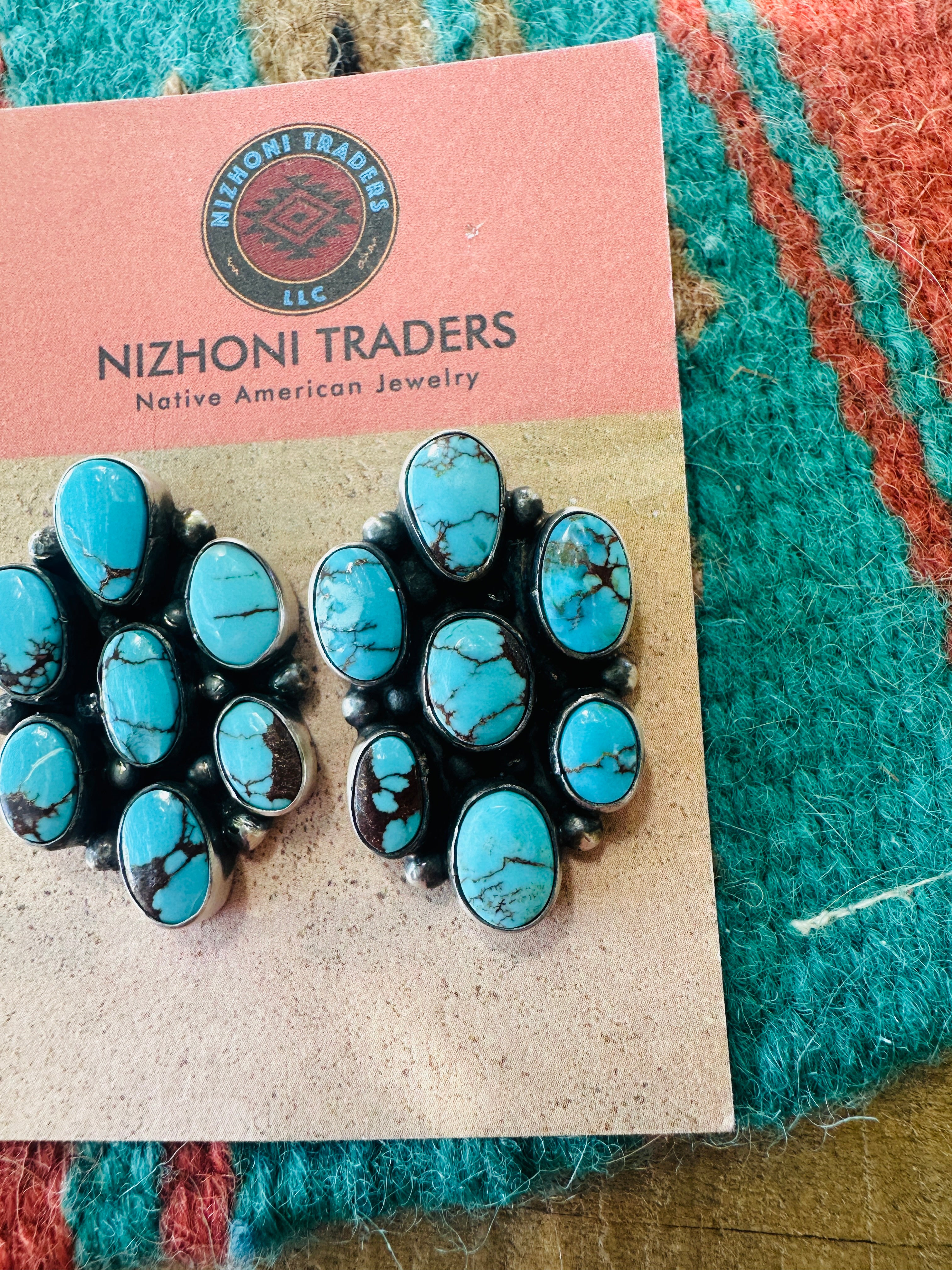 Handcrafted Sterling Silver & Kingman Web Turquoise Cluster Post Earrings