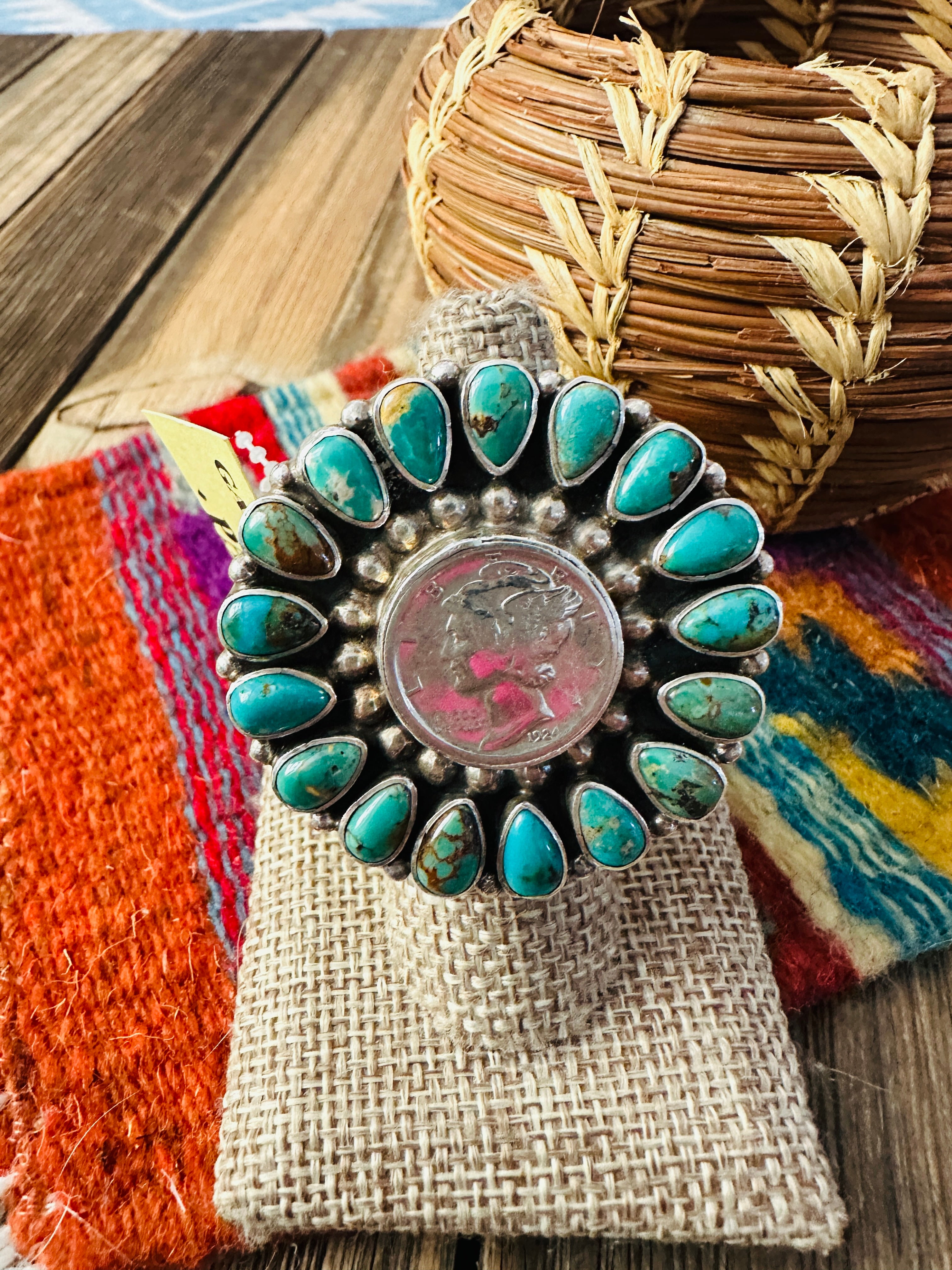 Old Pawn Handcrafted Turquoise & Sterling Silver Liberty Dime Adjustable Ring by Tonya Rafael