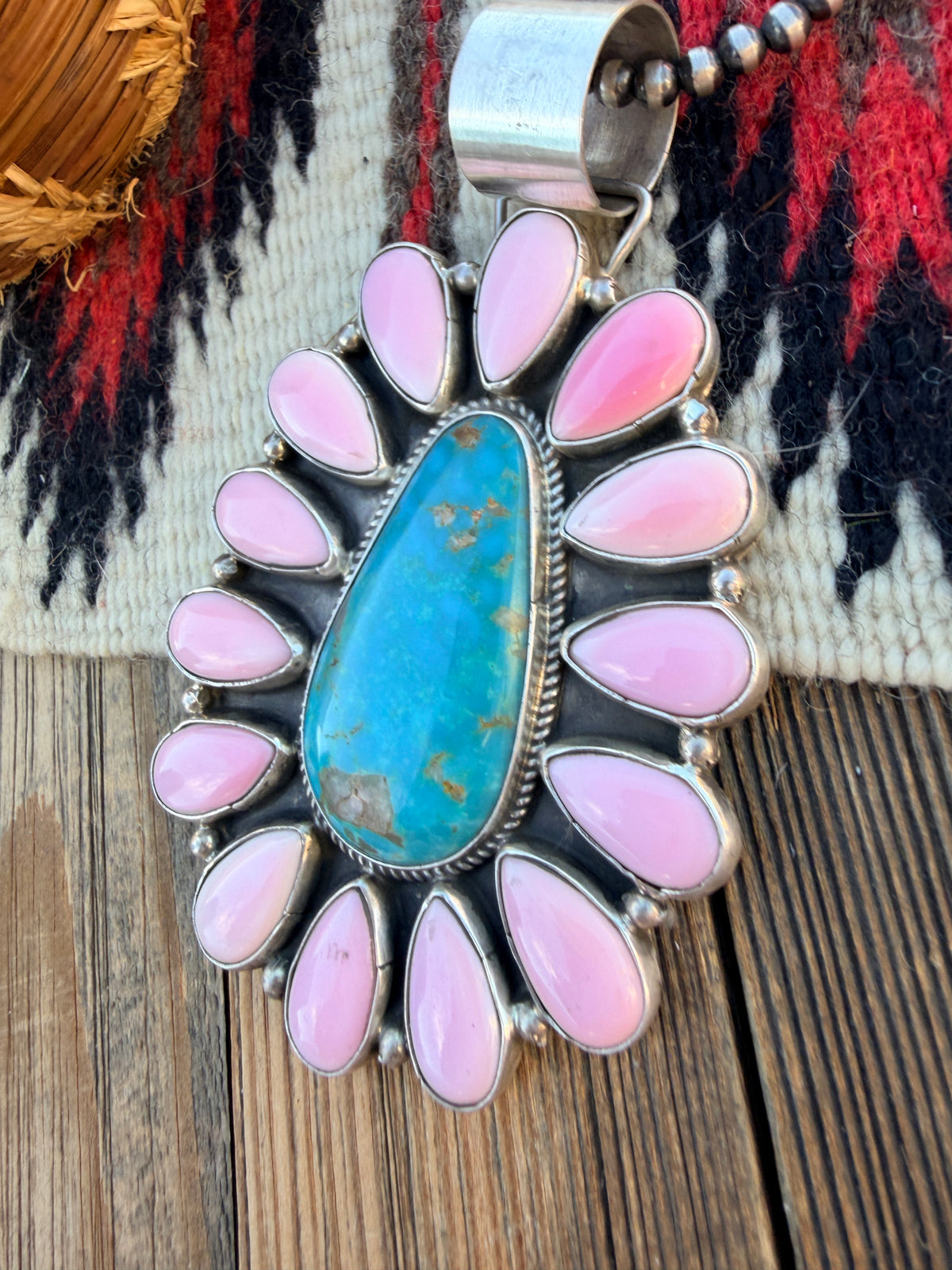 Handcrafted Sterling Silver, Turquoise & Queen Pink Conch Cluster Pendant