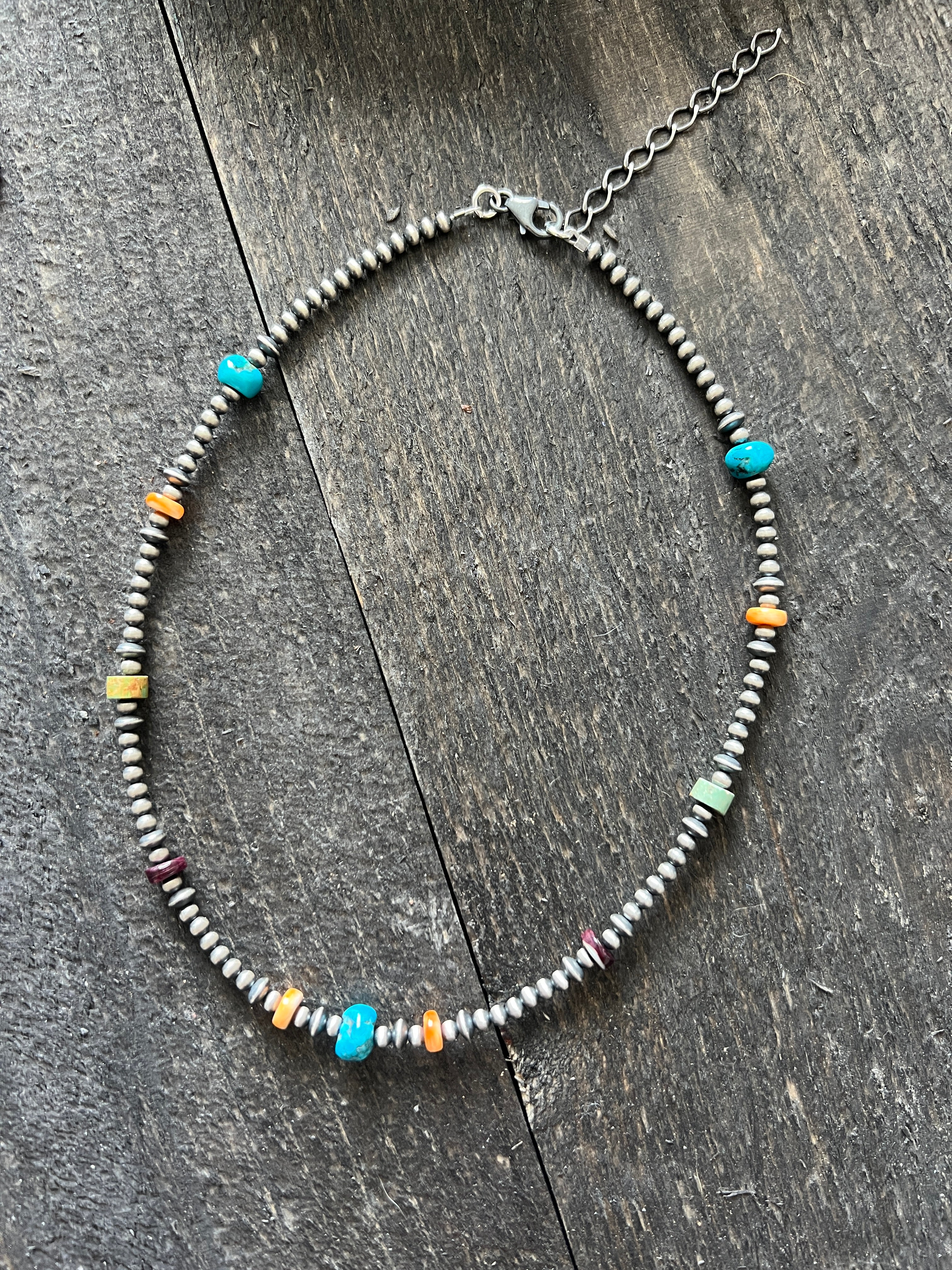 Summer Lovin’ Beaded Layering Necklace with Sterling Silver, Spiny Oyster Shell and Turquoise, 14 + 2”, The Color Drop