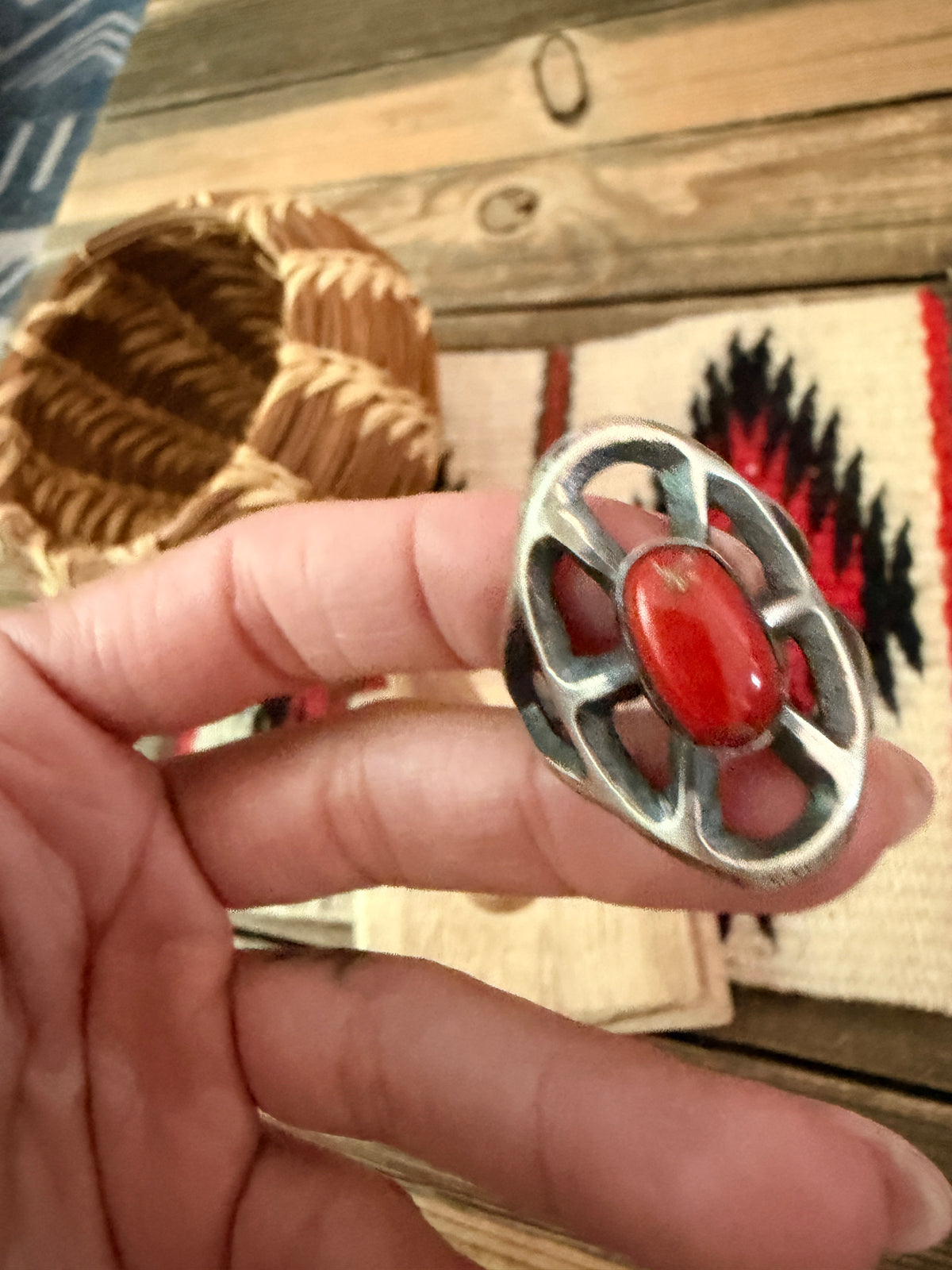 Handcrafted Coral and Sterling Silver Ring size 11 by Chimney Butte