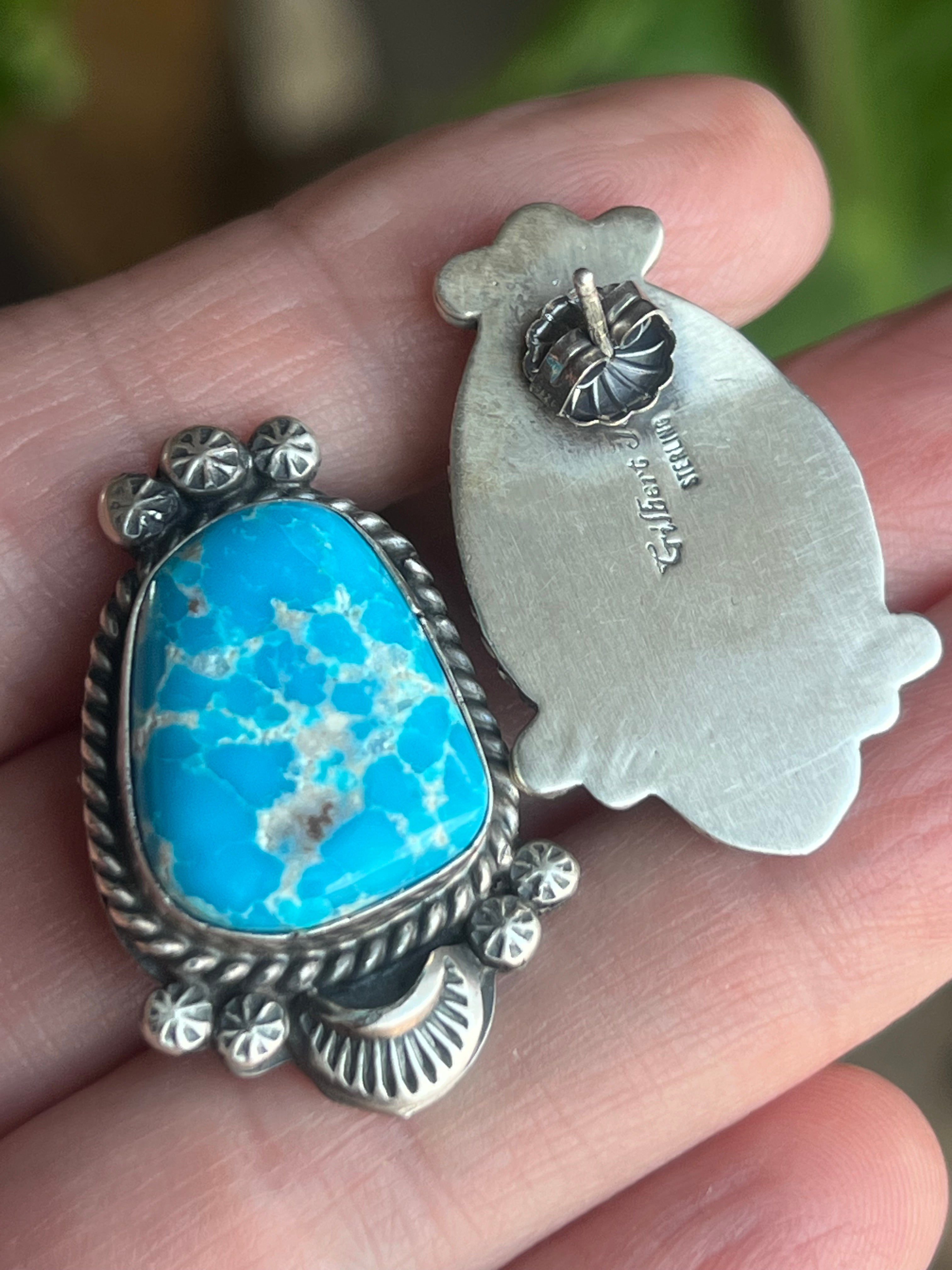 Handcrafted Stellar Sterling Silver and Whitewater Turquoise Necklace and Earrings Set by Gilbert Tom