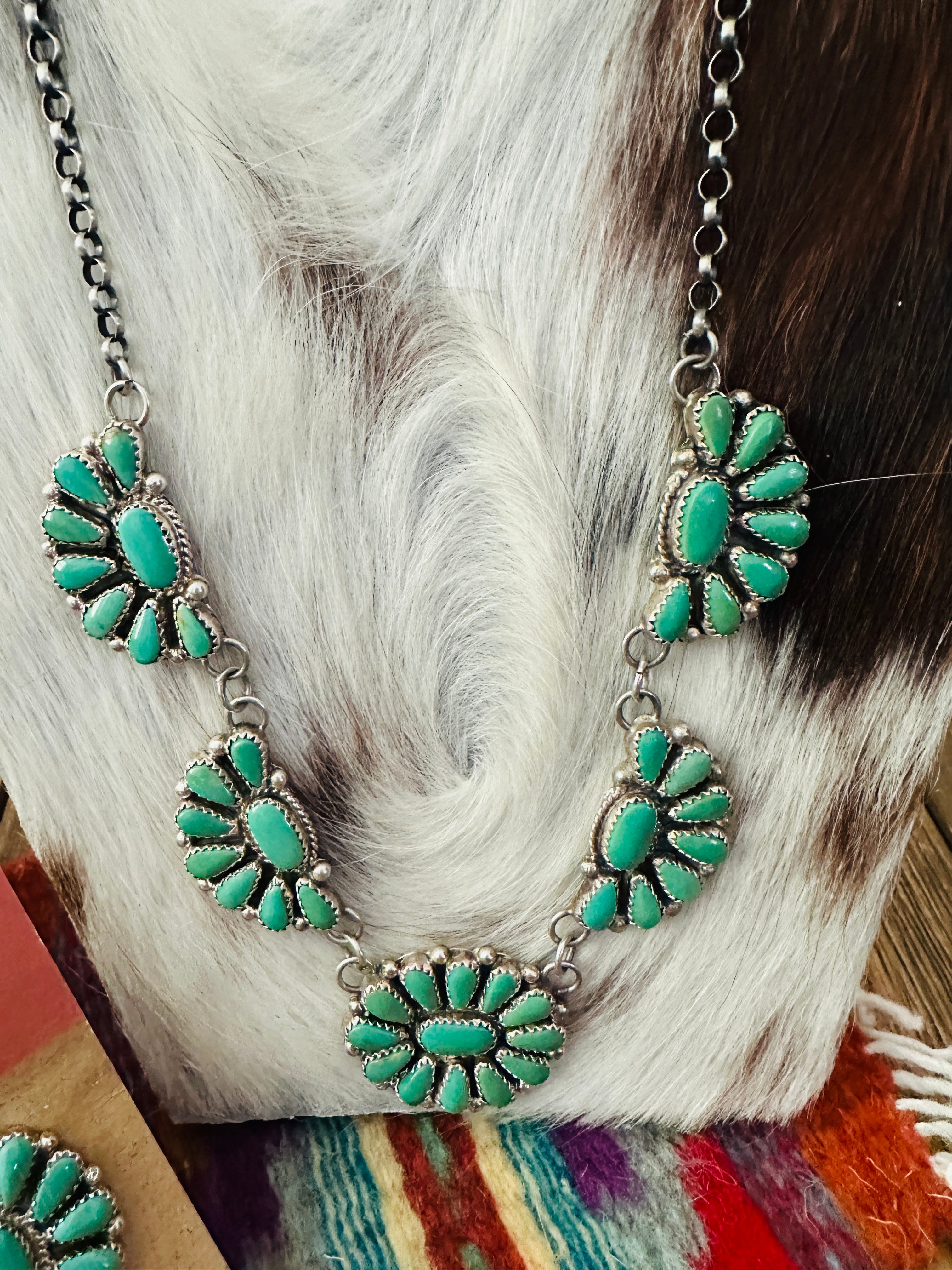 Handcrafted Turquoise & Sterling Silver Cluster Necklace and Earring Set