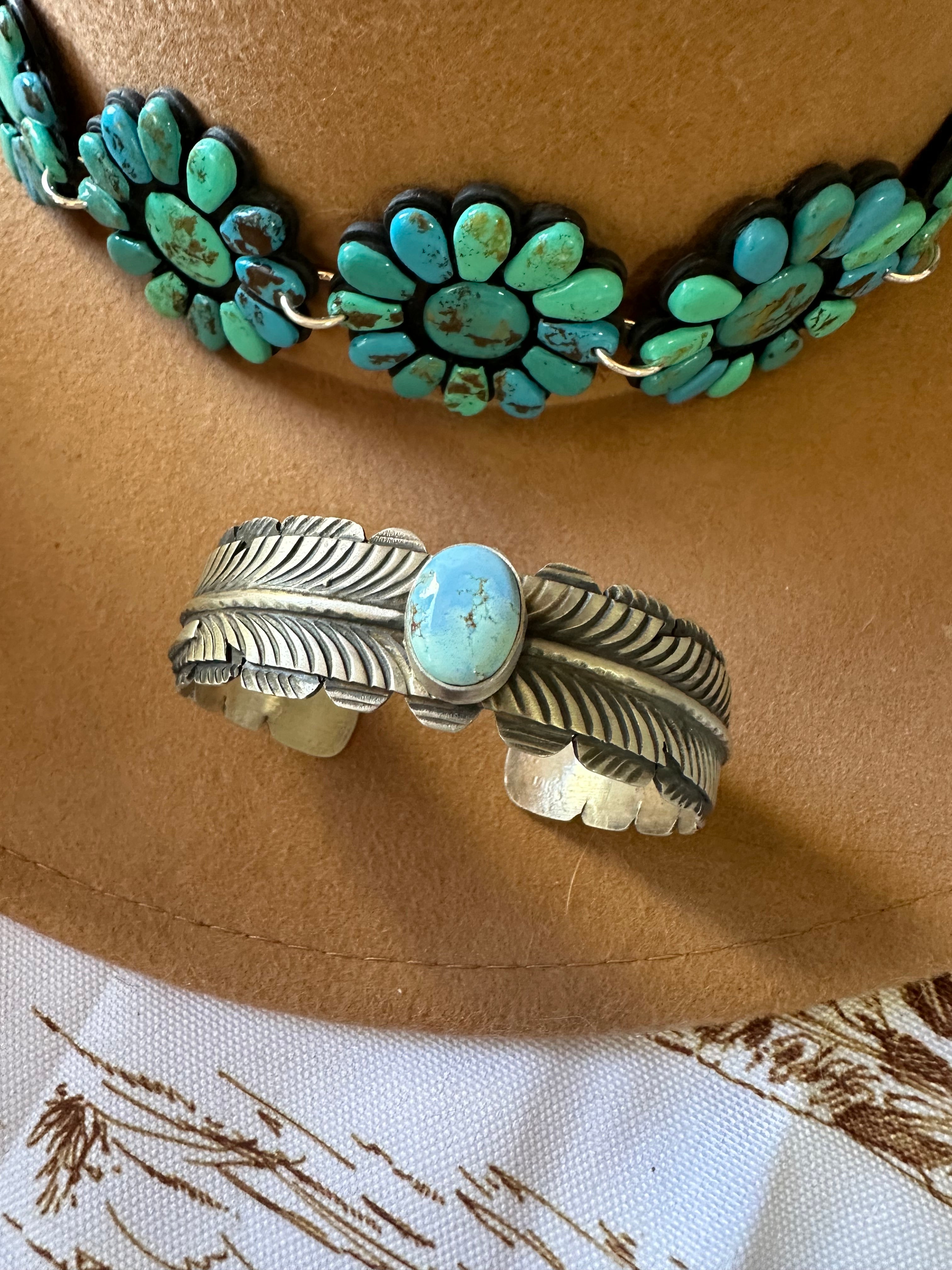 Handcrafted Golden Hills Turquoise & Sterling Silver Feather Cuff Bracelet