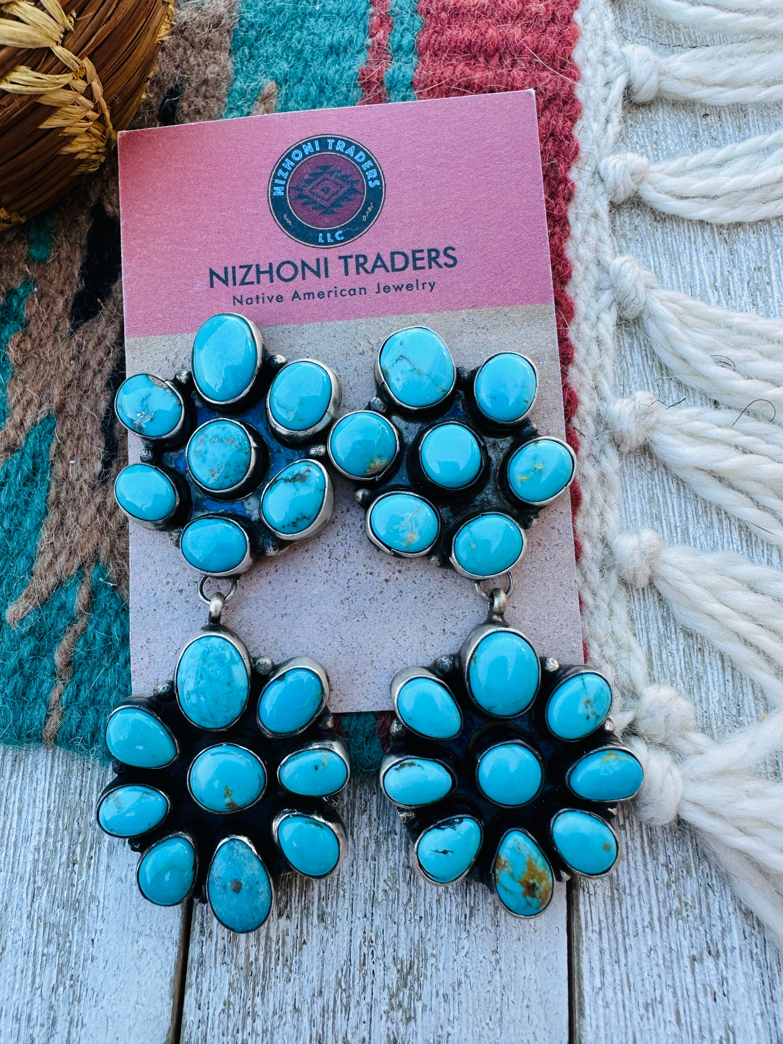 Handcrafted Kingman Turquoise And Sterling Silver Cluster Dangle Earrings by Ella Peter