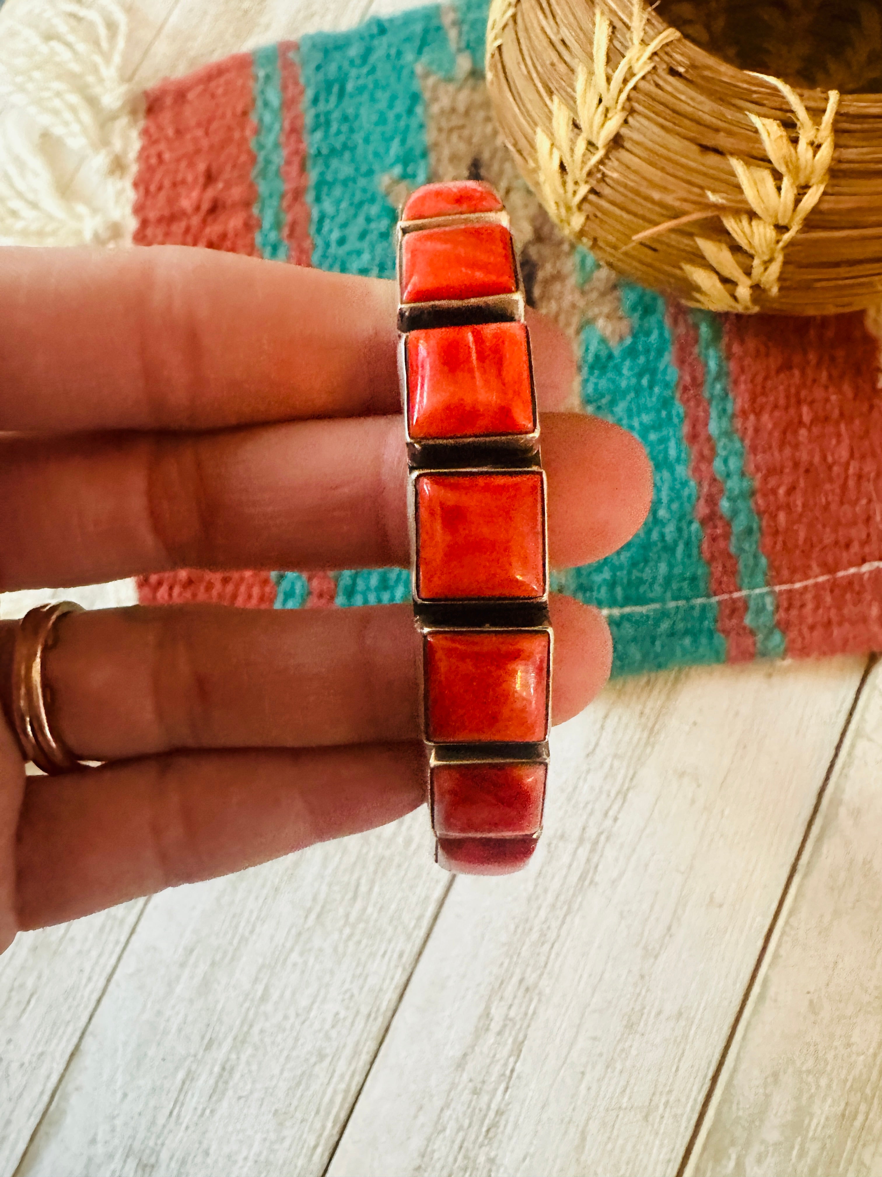 Handcrafted Spiny Oyster & Sterling Silver Bangle Bracelet Signed Leroy James