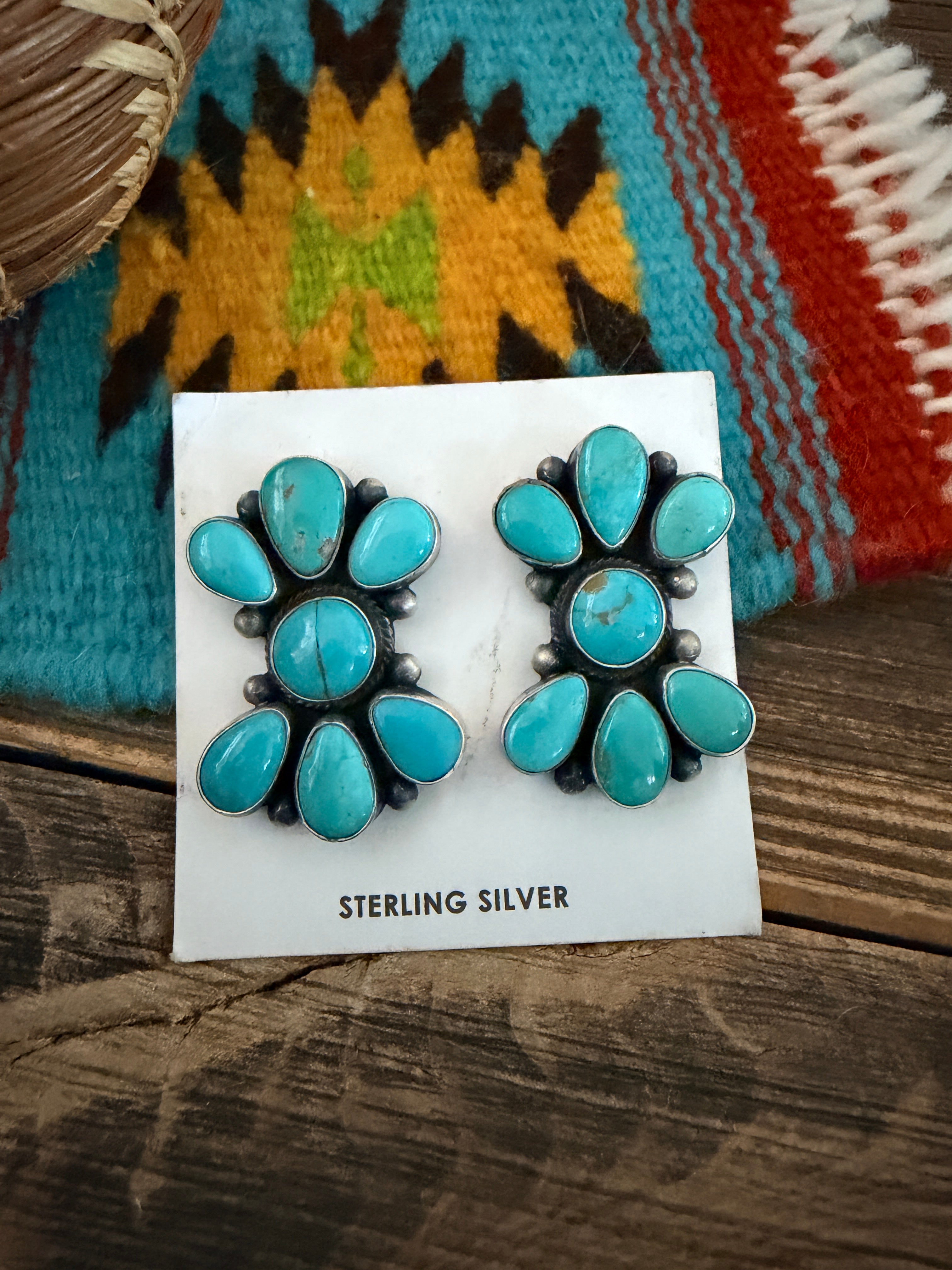 Handcrafted Turquoise & Sterling Silver Cluster Post Earrings