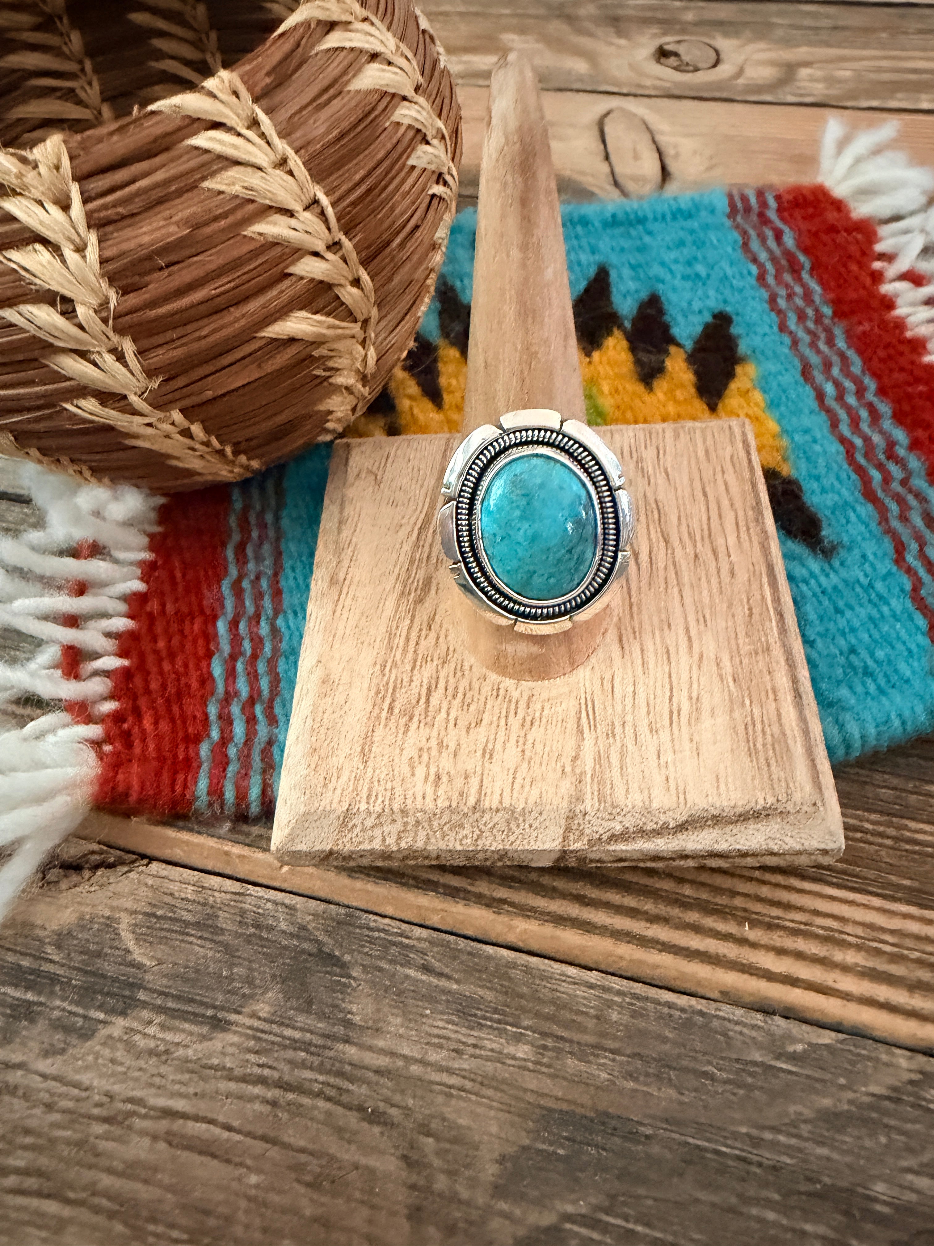 Handcrafted Turquoise & Sterling Silver Ring Size 9 by Wydell Billie