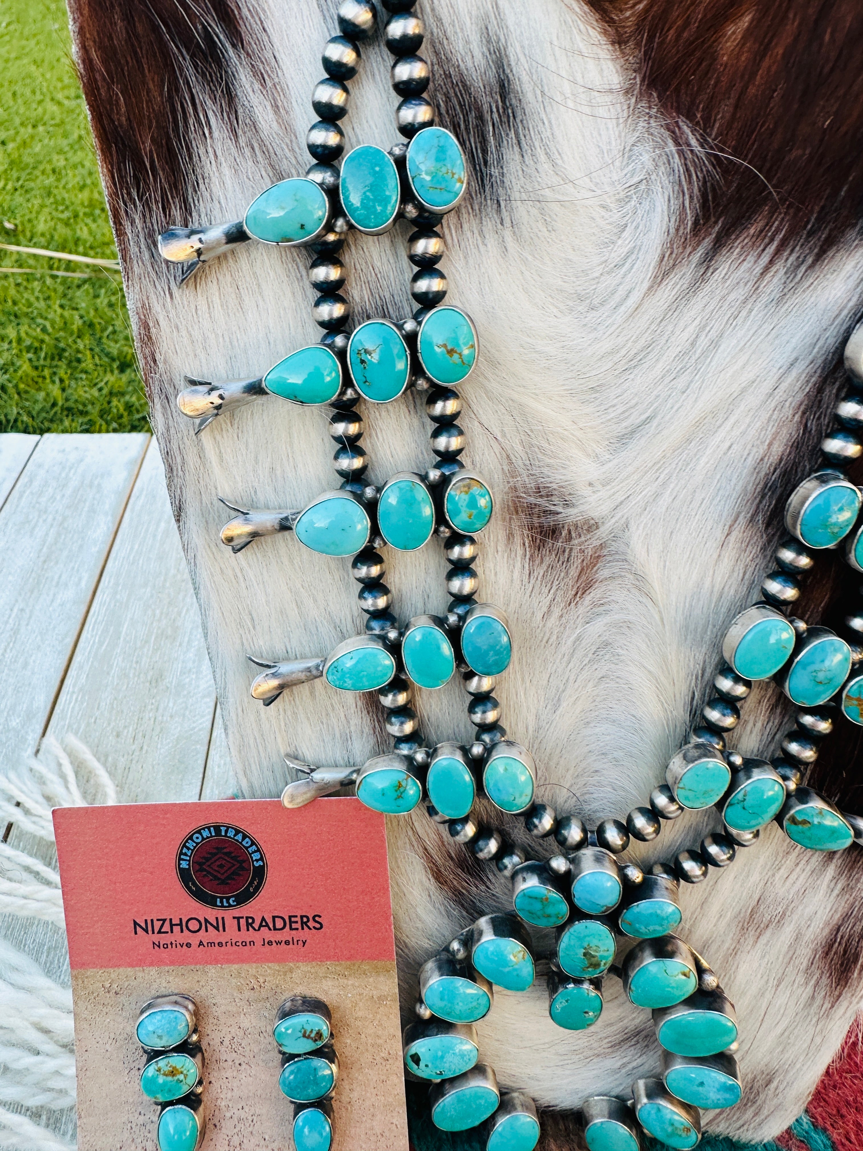 Handcrafted Carico Lake Turquoise & Sterling Silver Squash Blossom Necklace and Earring Set