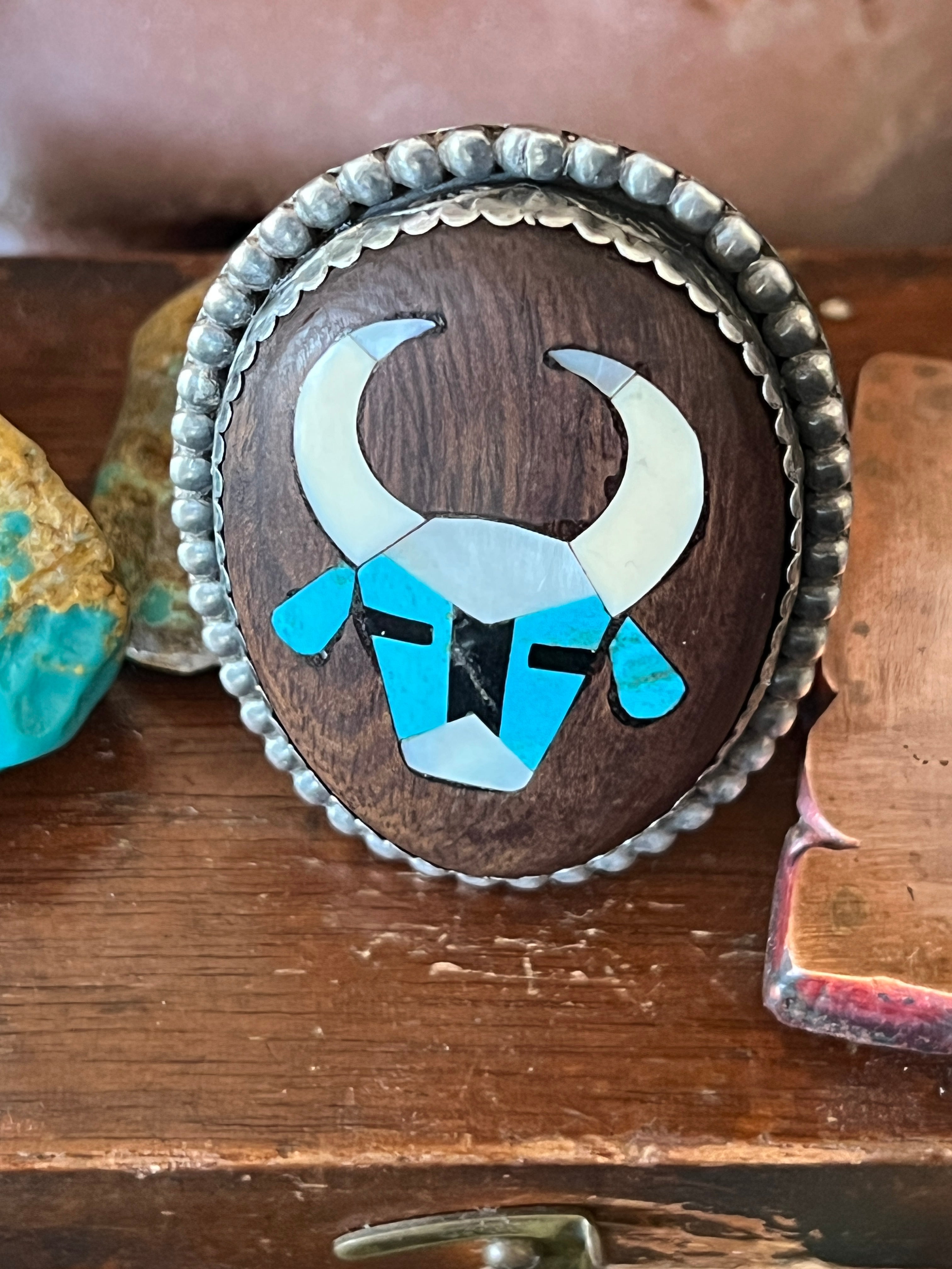 Vintage Sterling Silver and Wood Ring with Turquoise and Mother of Pearl Inlay Steer Head, Size 10.5