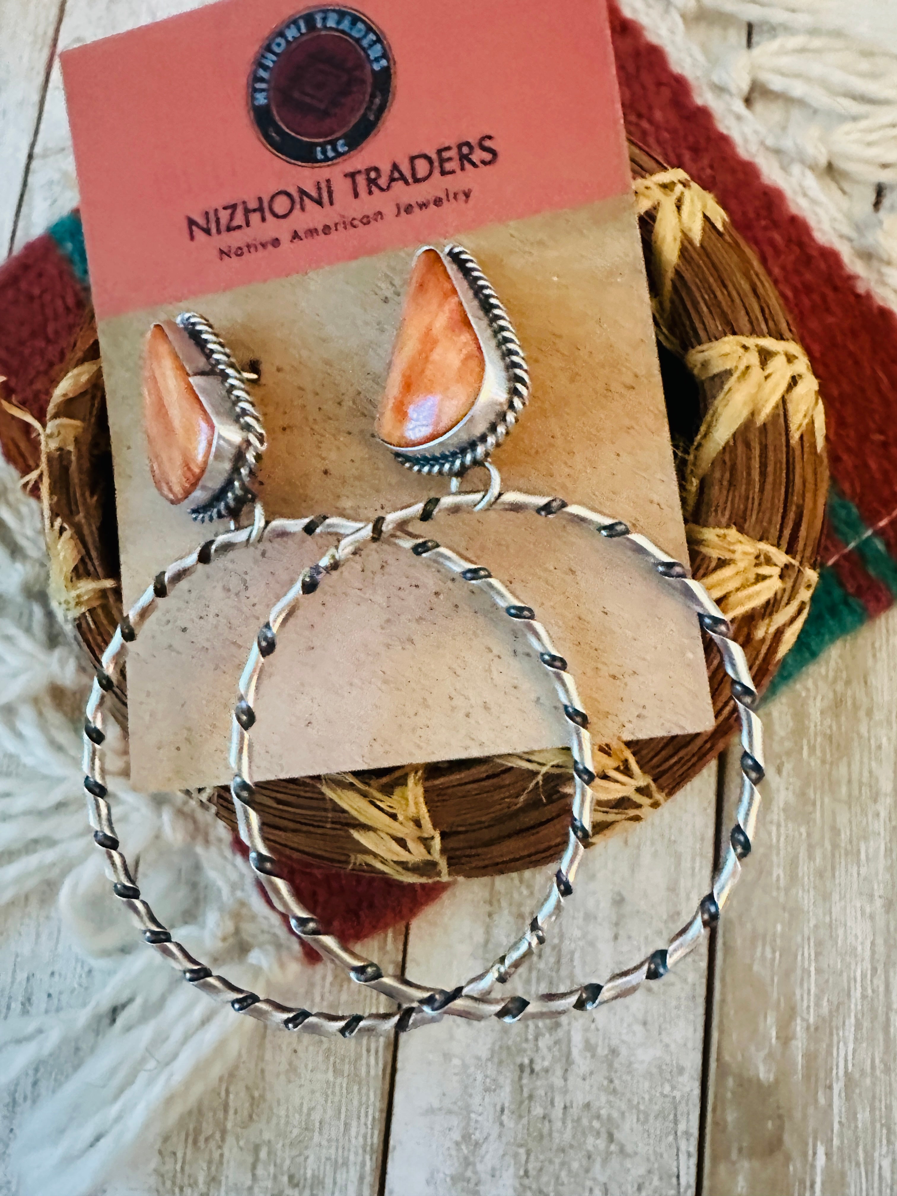 Navajo Orange Spiny and Sterling Silver Dangle Hoop Earrings