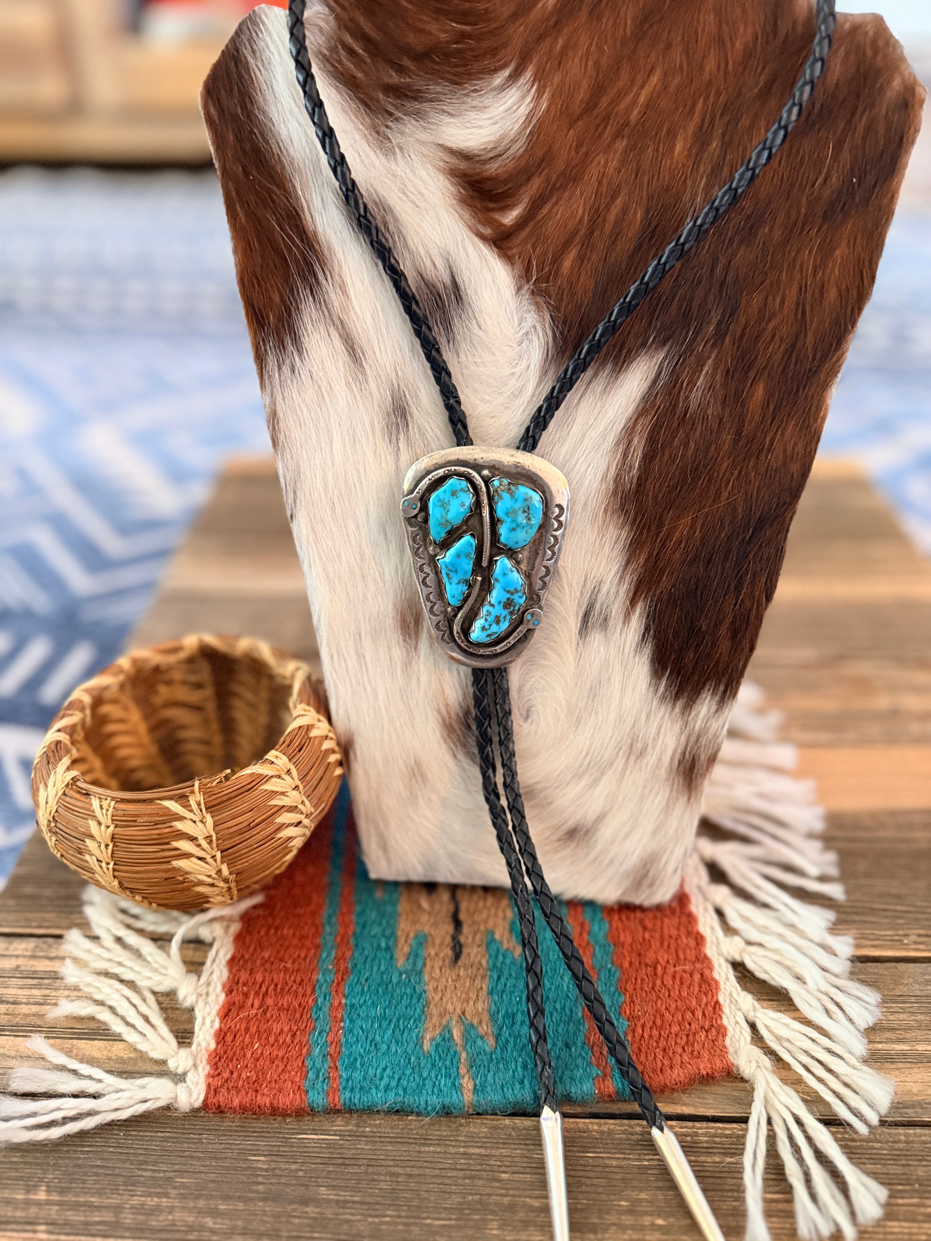 Handcrafted Vintage Old Pawn Sterling Silver & Turquoise Concho Bolo Tie by Effie Calavaza