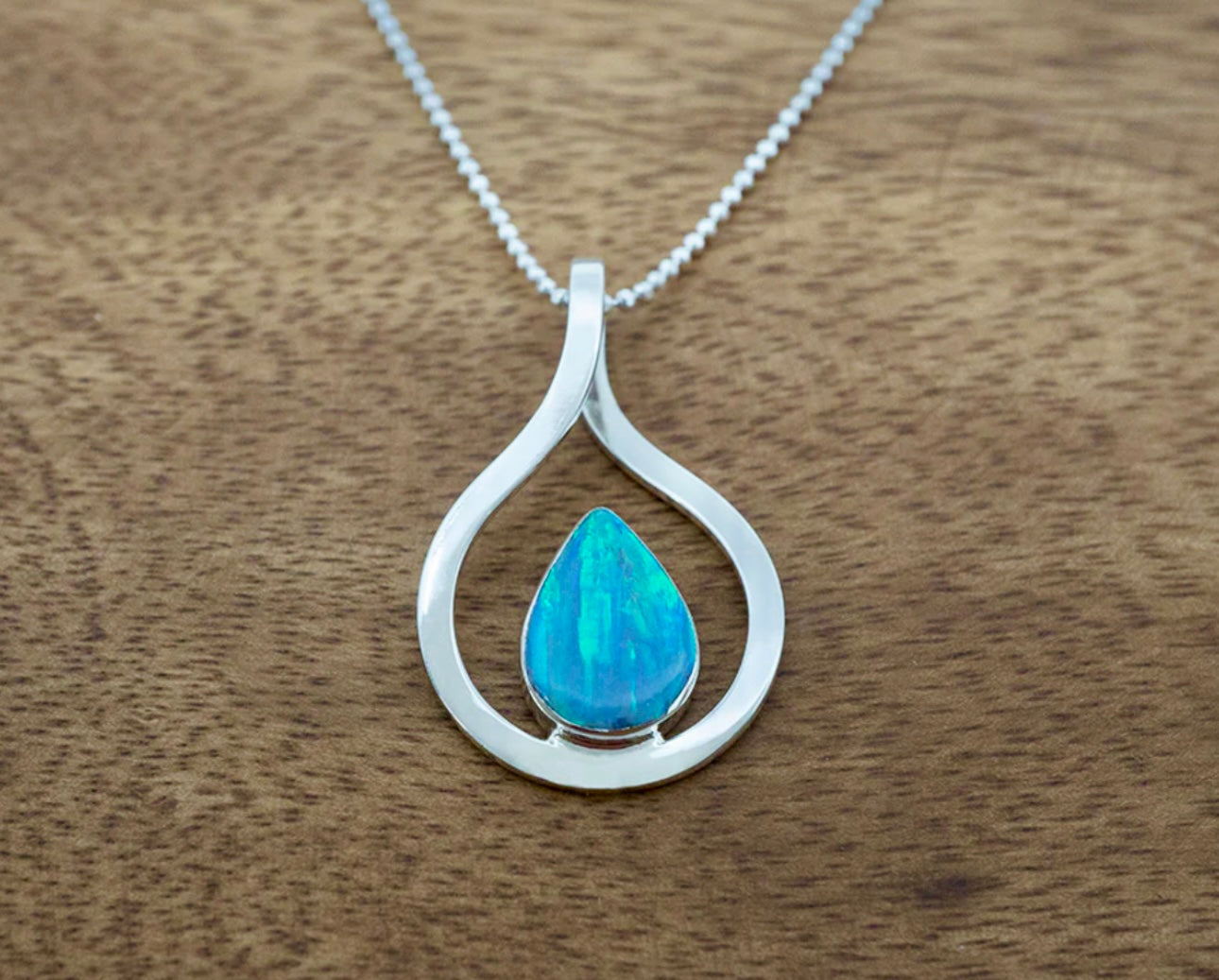 Light Blue Opal Teardrop in Silver Frame Necklace