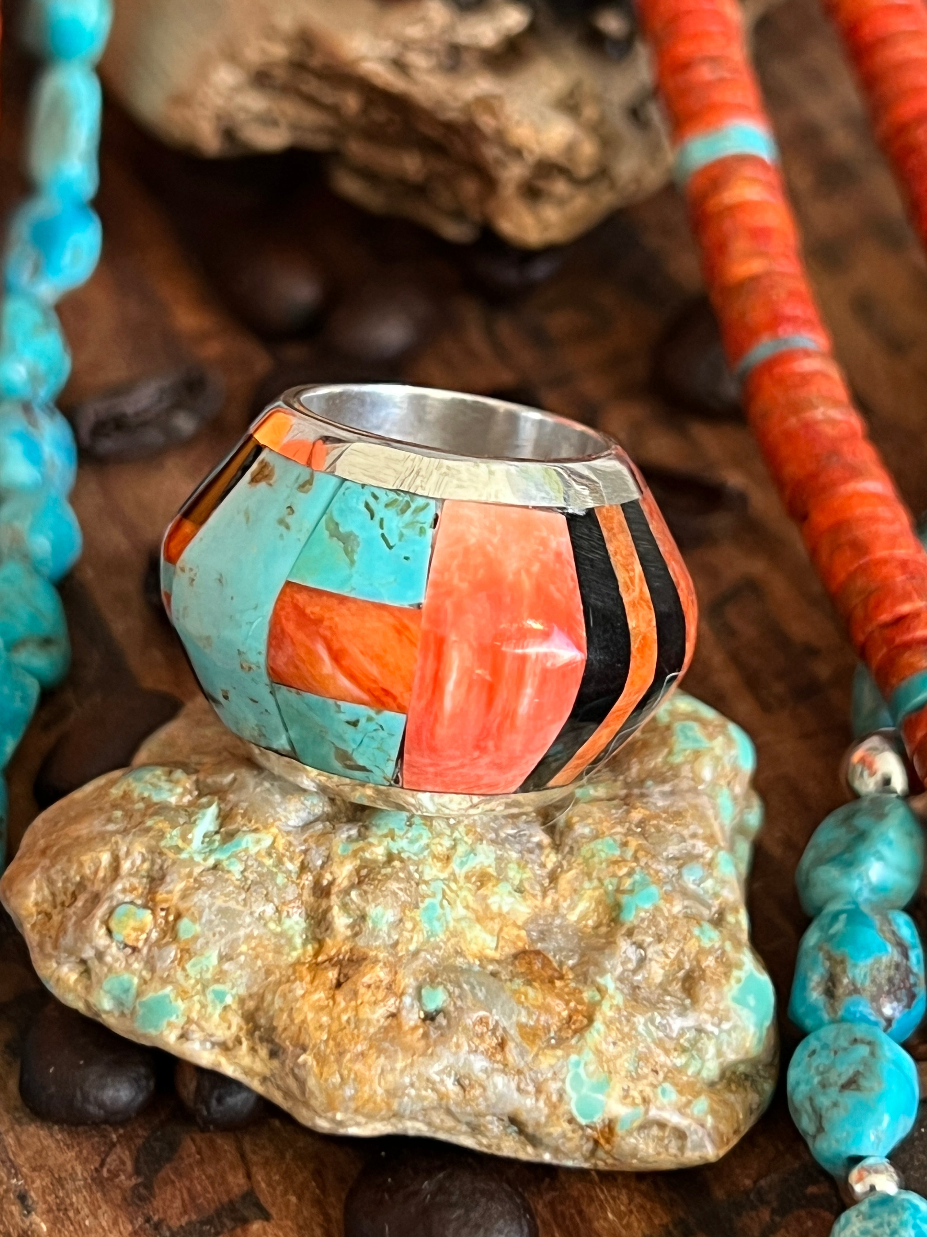 Daniel Coriz Triple Strand Apple Coral and Turquoise Beaded Necklace w/ Sterling Silver Removable Inlay Bead