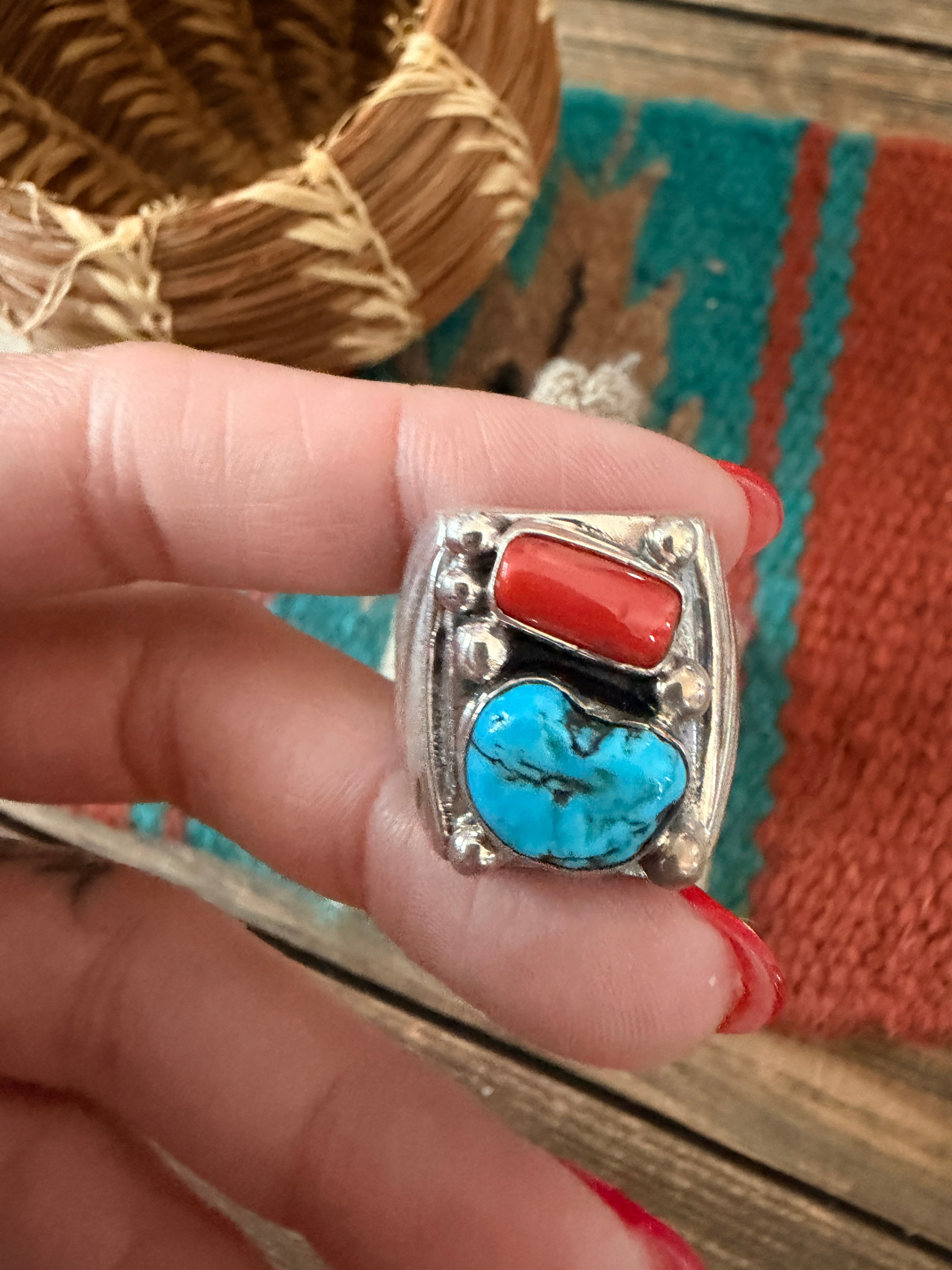 Handcrafted Turquoise, Coral & Sterling Silver Ring