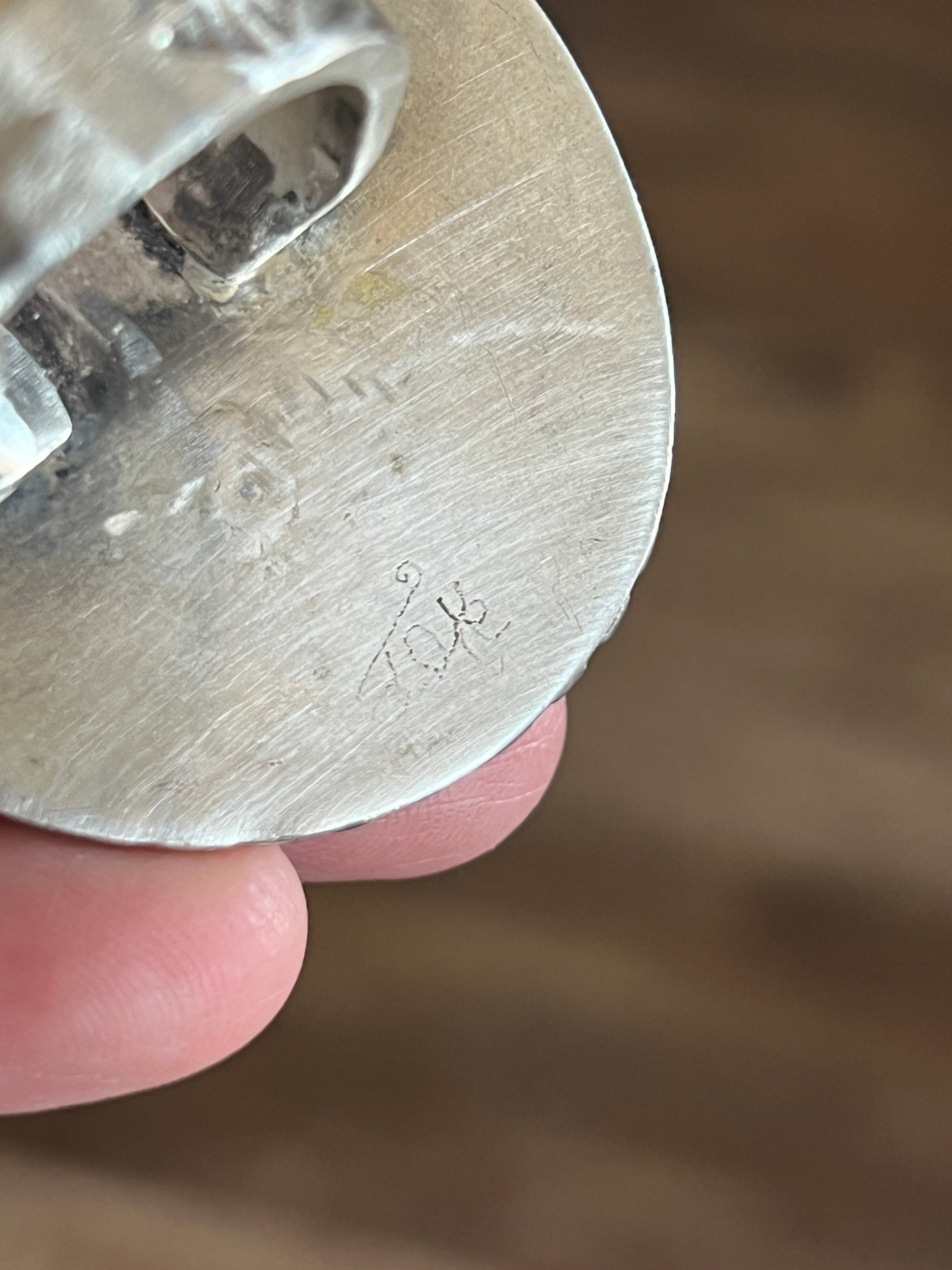 Vintage Sterling Silver and Wood Ring with Turquoise and Mother of Pearl Inlay Steer Head, Size 10.5