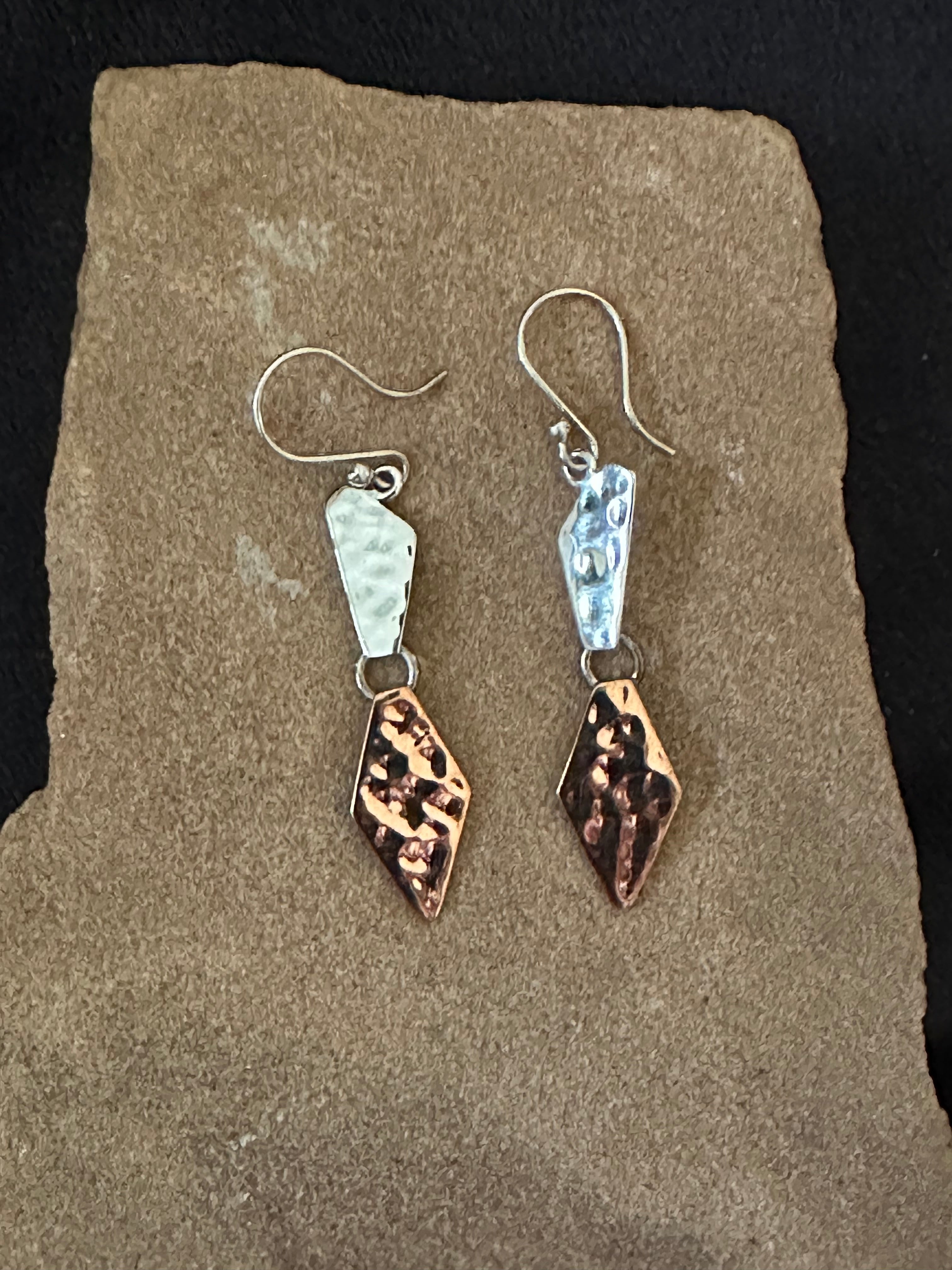 Hammered Copper & Silver Shapes Earrings on Hook