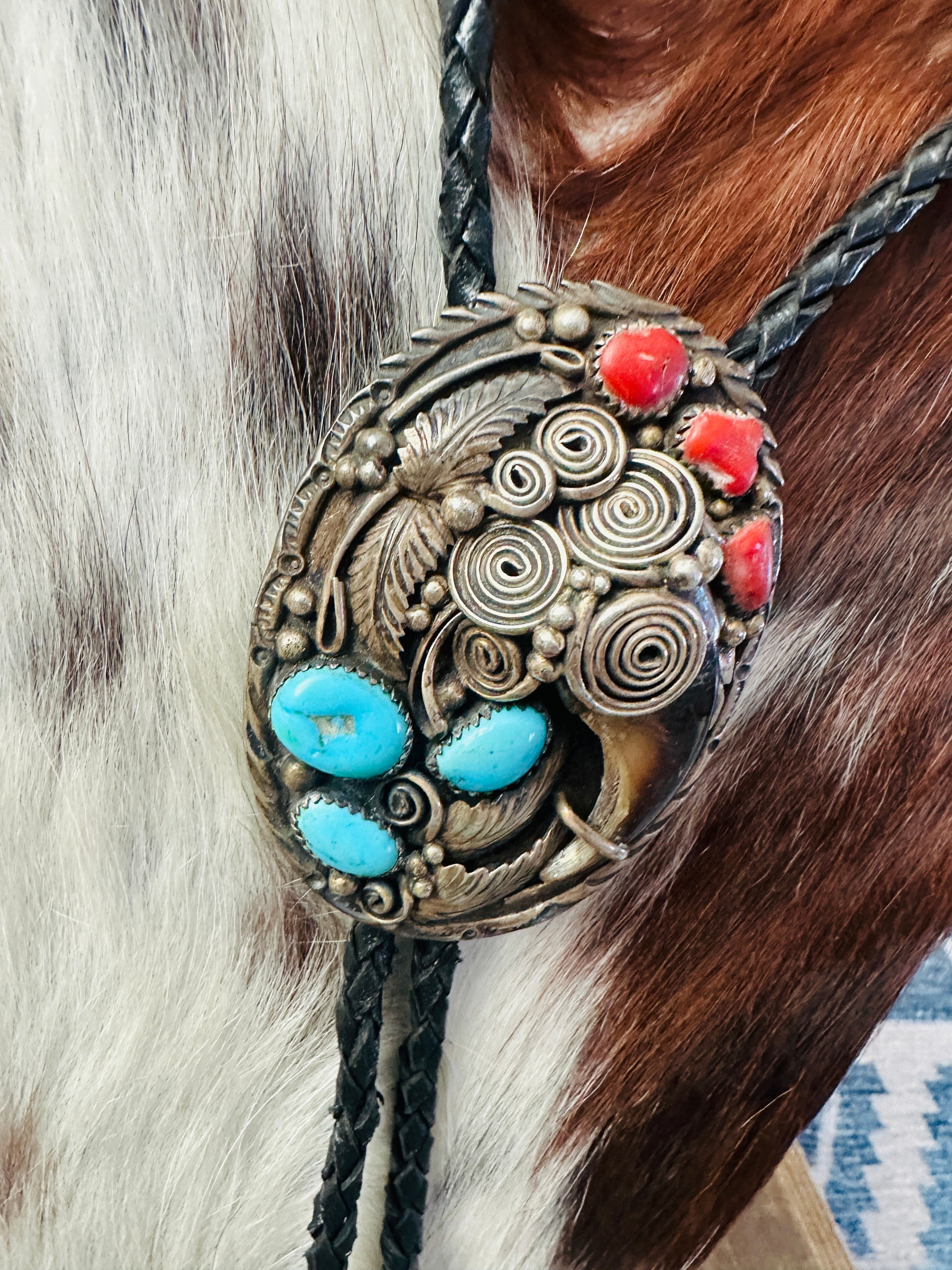 Handcrafted Vintage Old Pawn Sterling Silver, Turquoise & Coral Bolo Tie