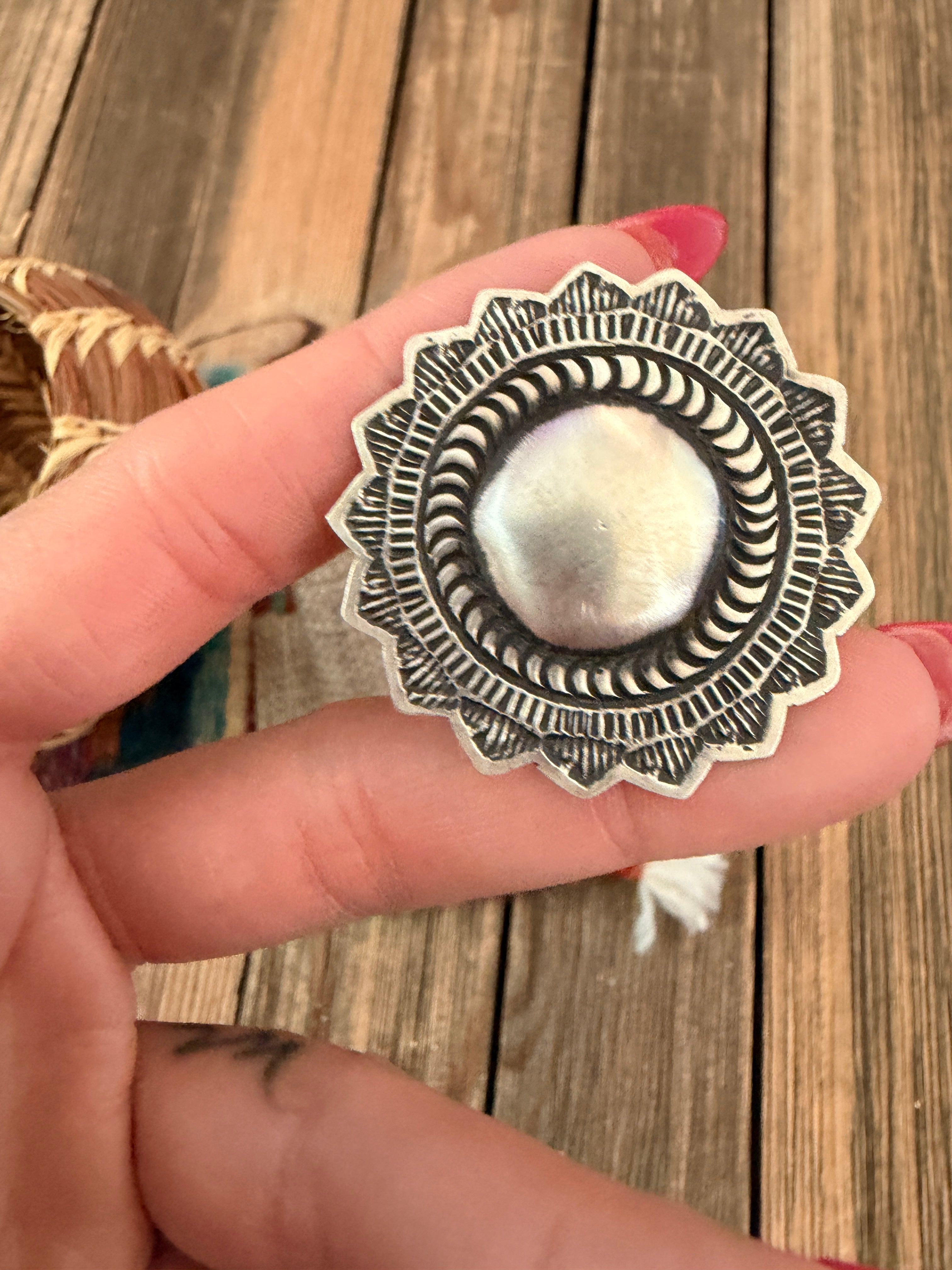 Handcrafted Sterling Silver Adjustable Concho Ring by Leander Tahe