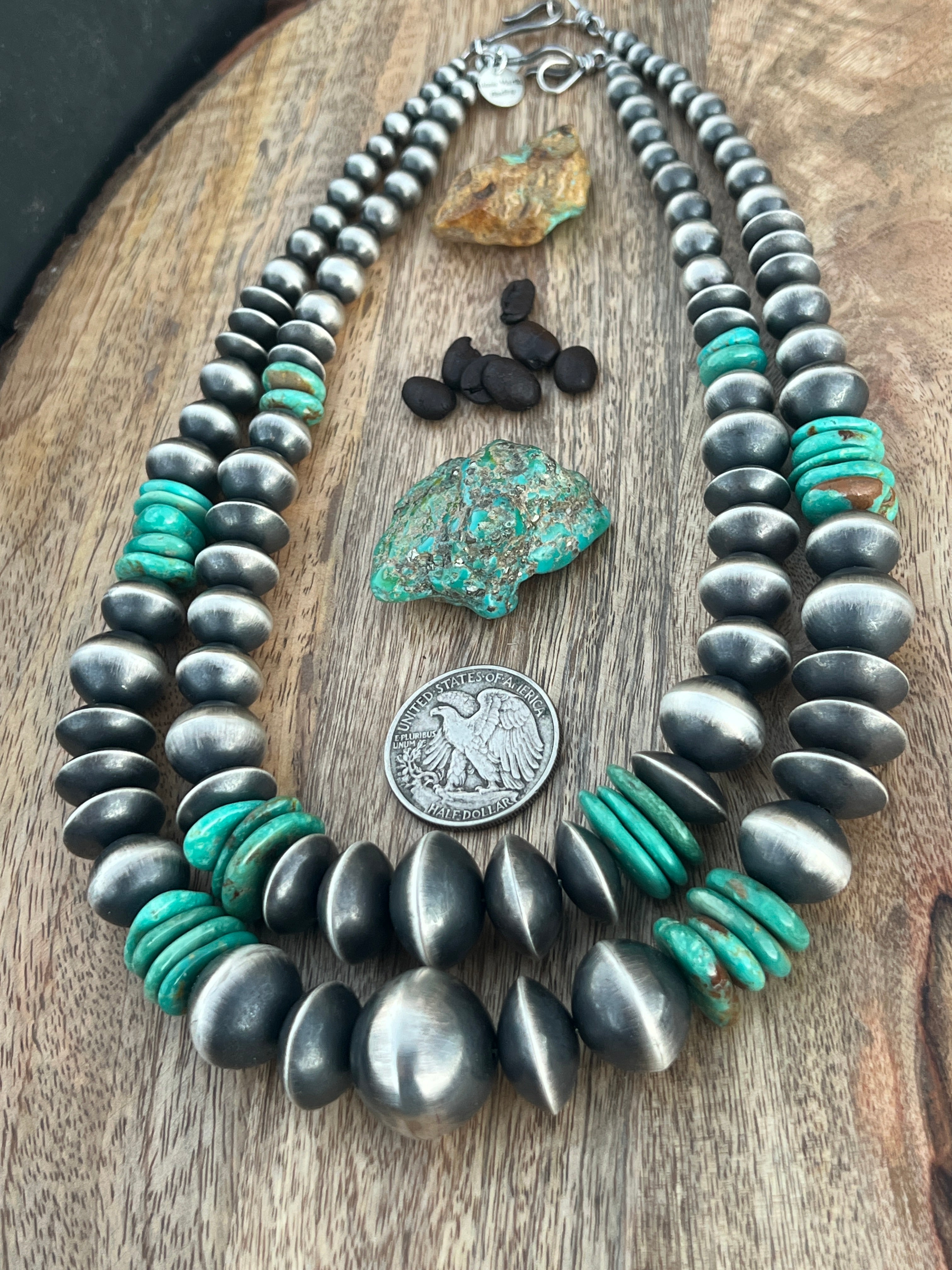Handcrafted Chunky Sterling Silver and Kingman Turquoise Beaded Necklace by Rose Martin, 19 and 22 inches
