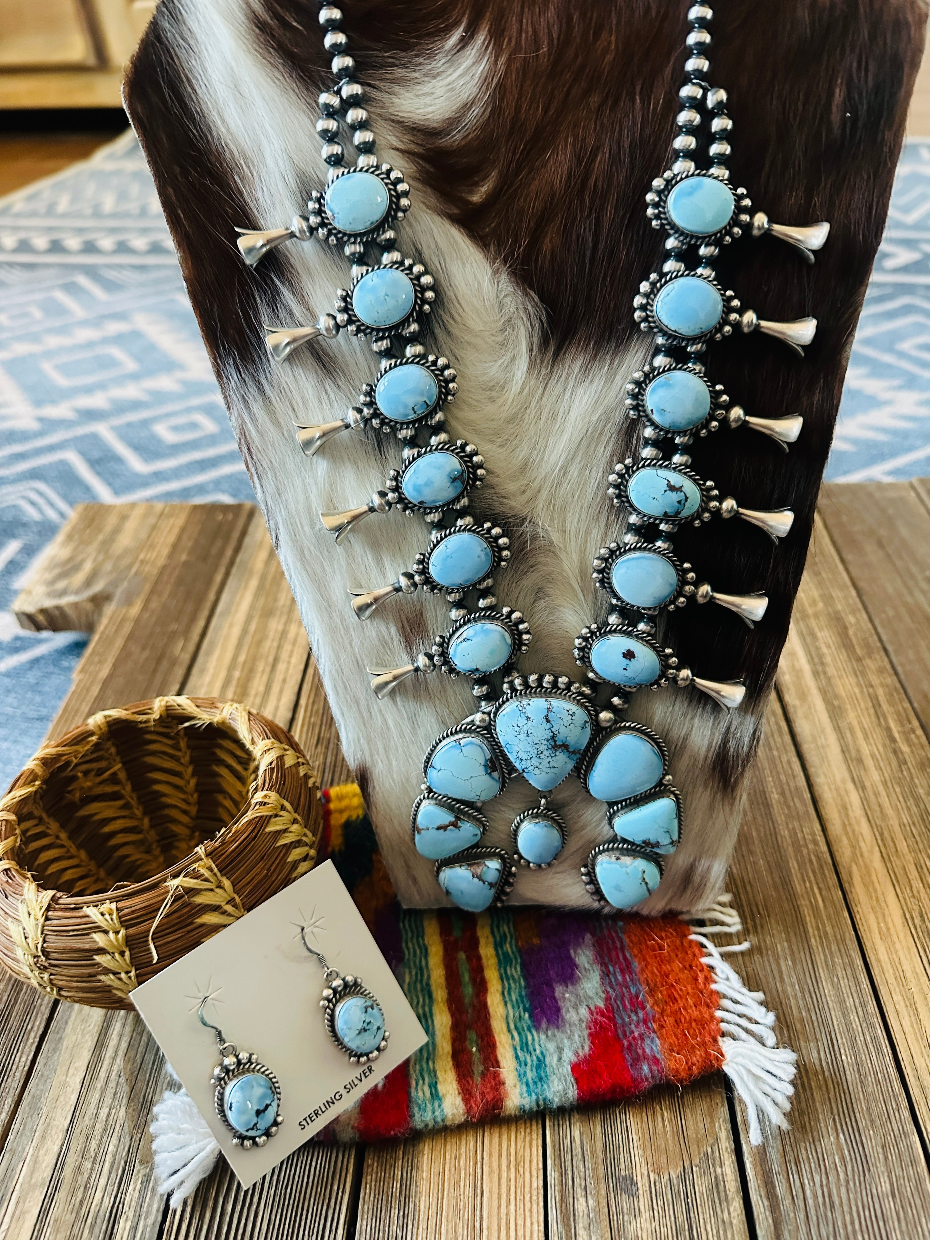 Handcrafted Golden Hills Turquoise & Sterling Silver Beaded Squash Blossom Necklace and Earring Set by Mary Ann Spencer