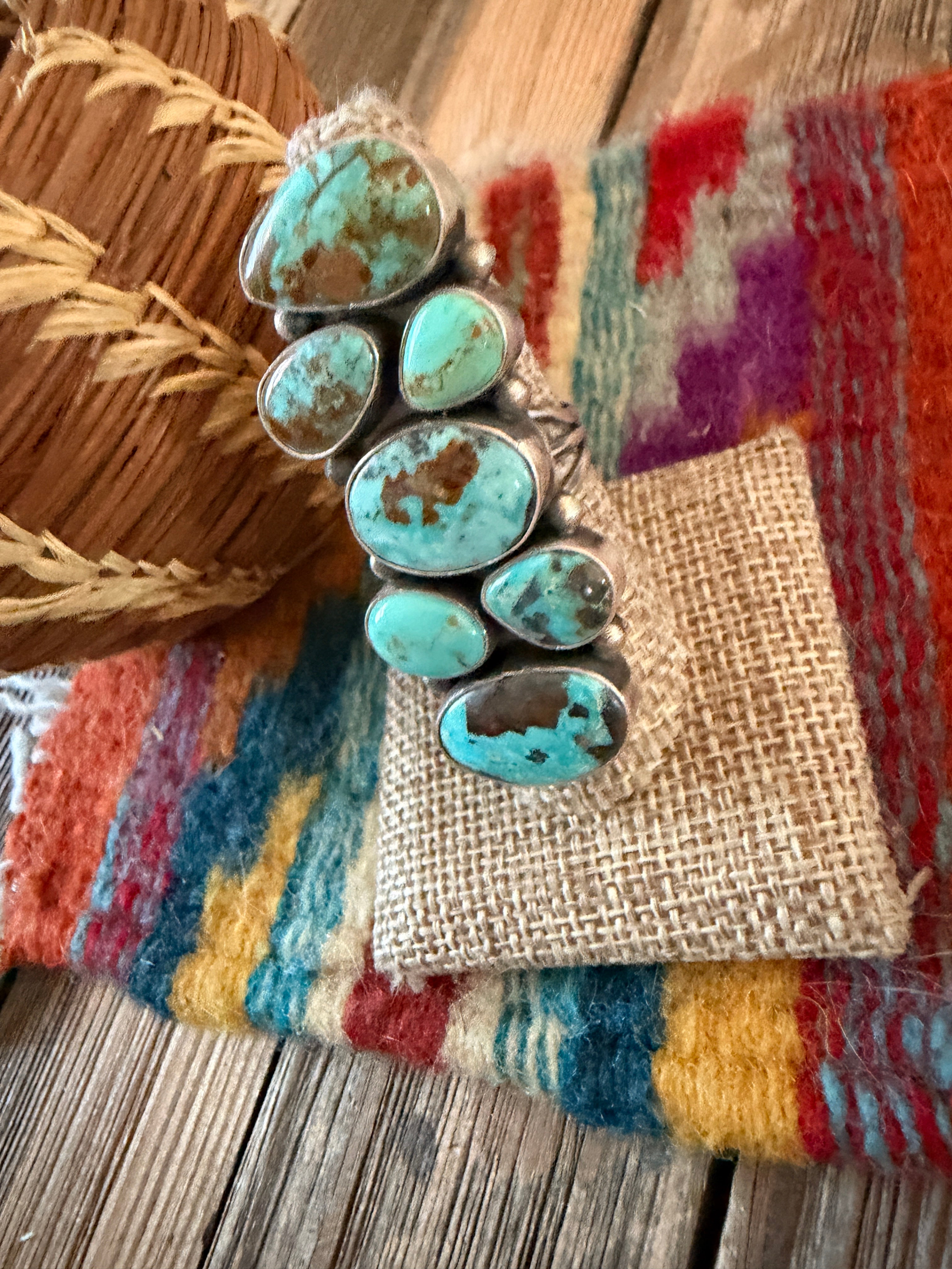 Handcrafted Turquoise & Sterling Silver Cluster Ring Size 8