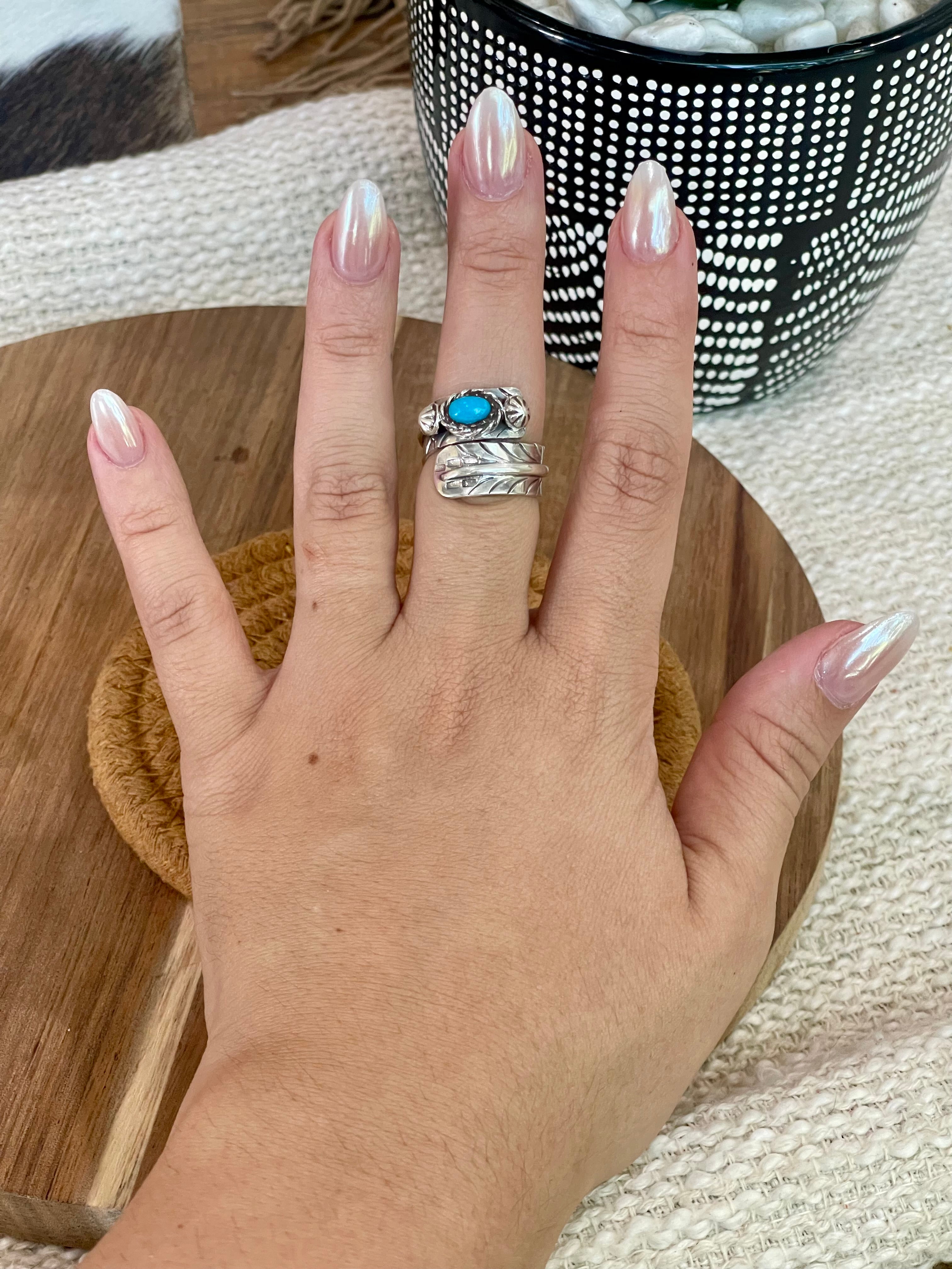 Handmade Sterling Silver & Turquoise Adjustable Feather Band Ring