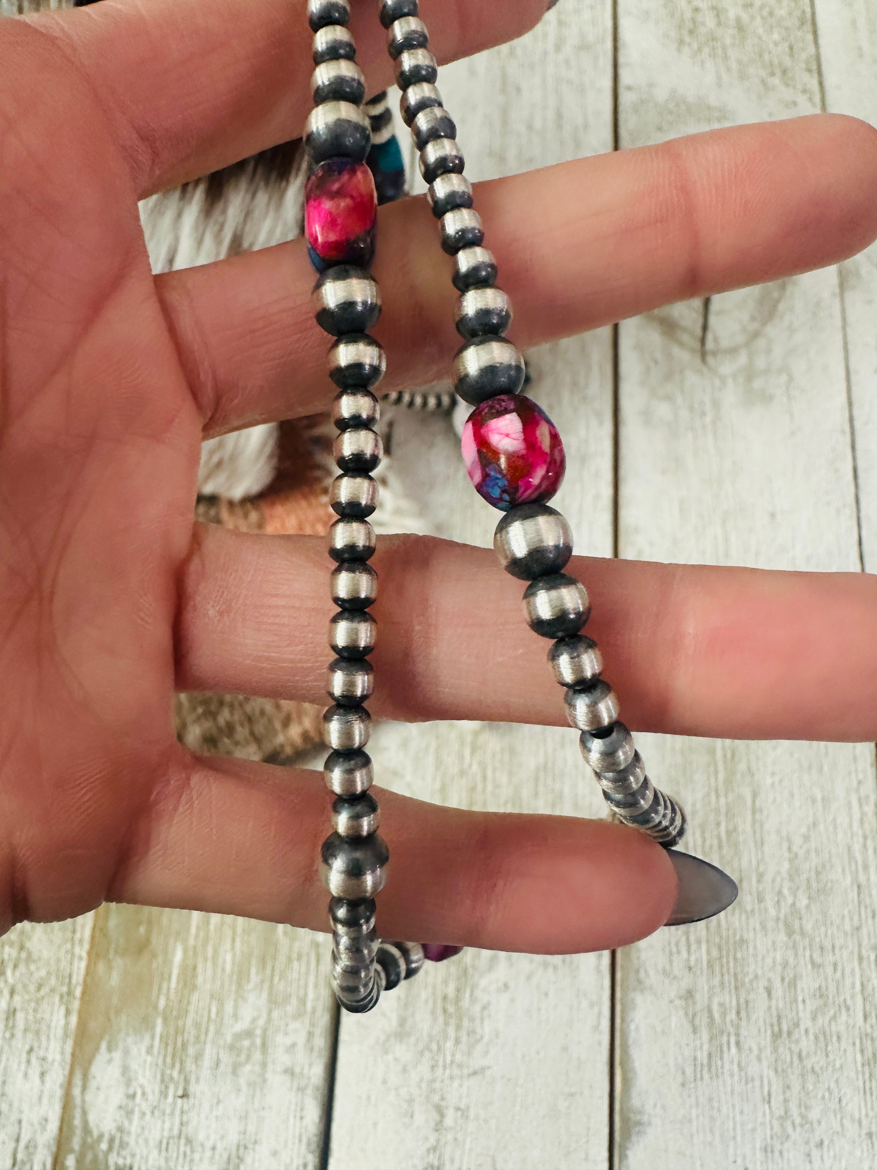 Handcrafted Sterling Silver & Pink Dream Mojave Beaded 24” Necklace