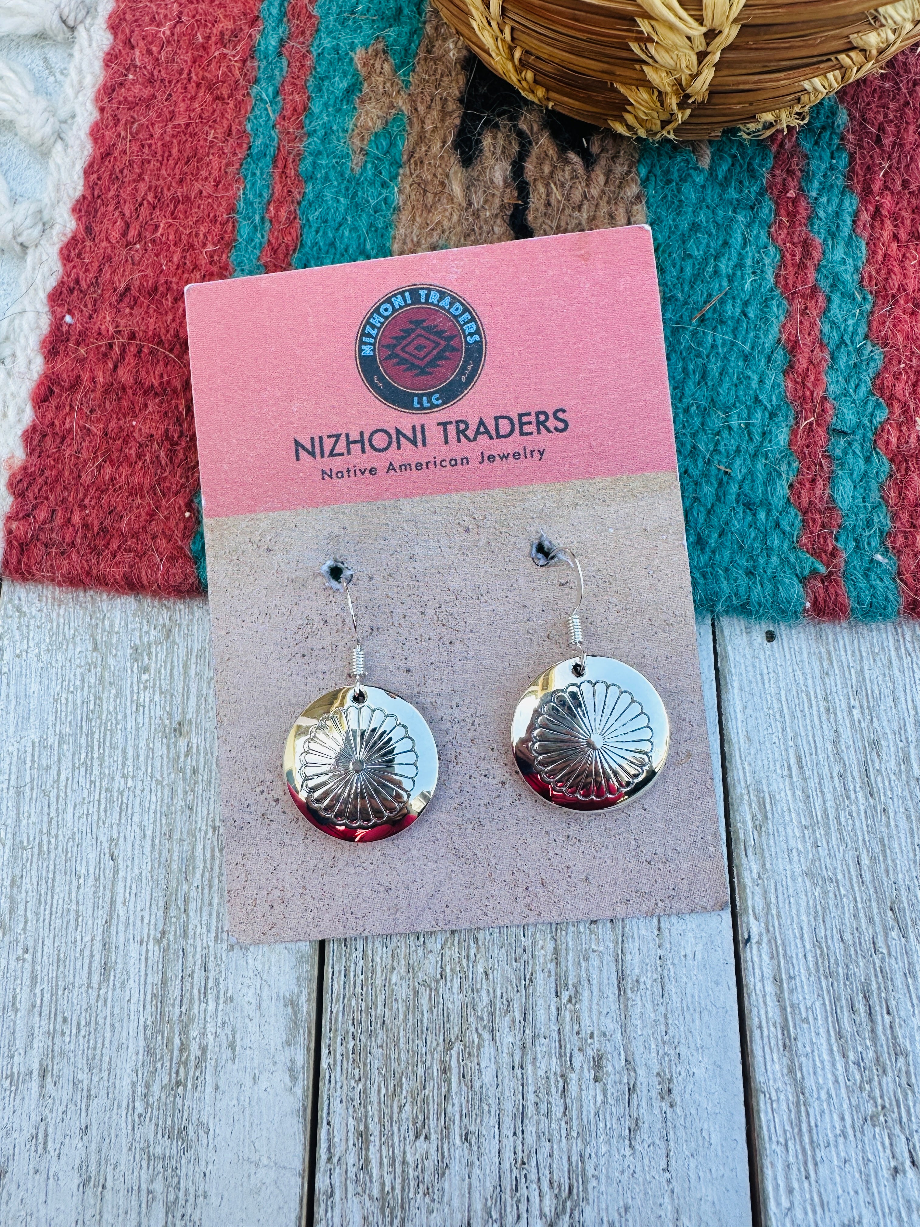 Handcrafted Hand Stamped Sterling Silver Concho Dangle Earrings