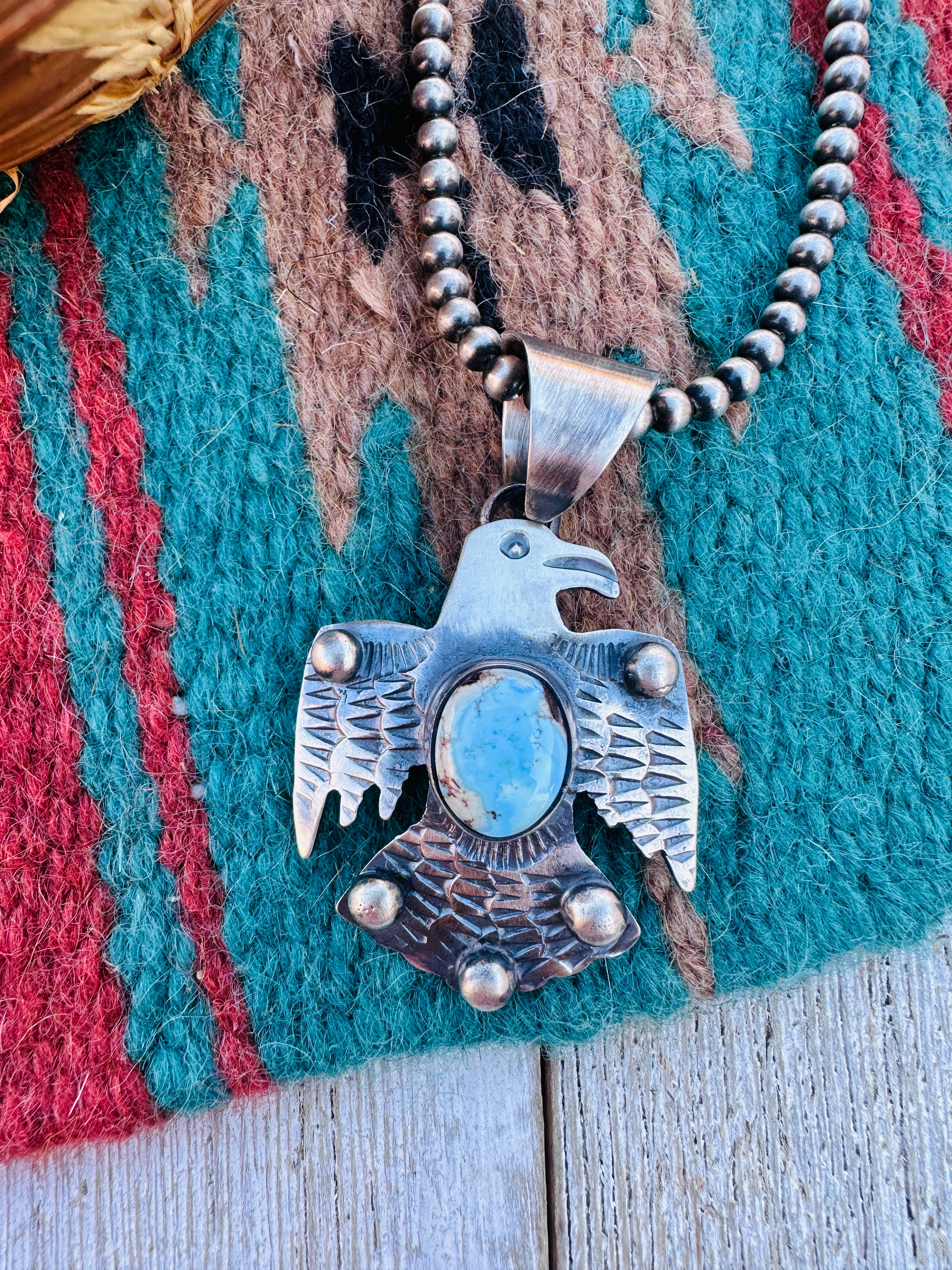 Handcrafted Sterling Silver & Golden Hills Turquoise Thunderbird Pendant by Chimney Butte