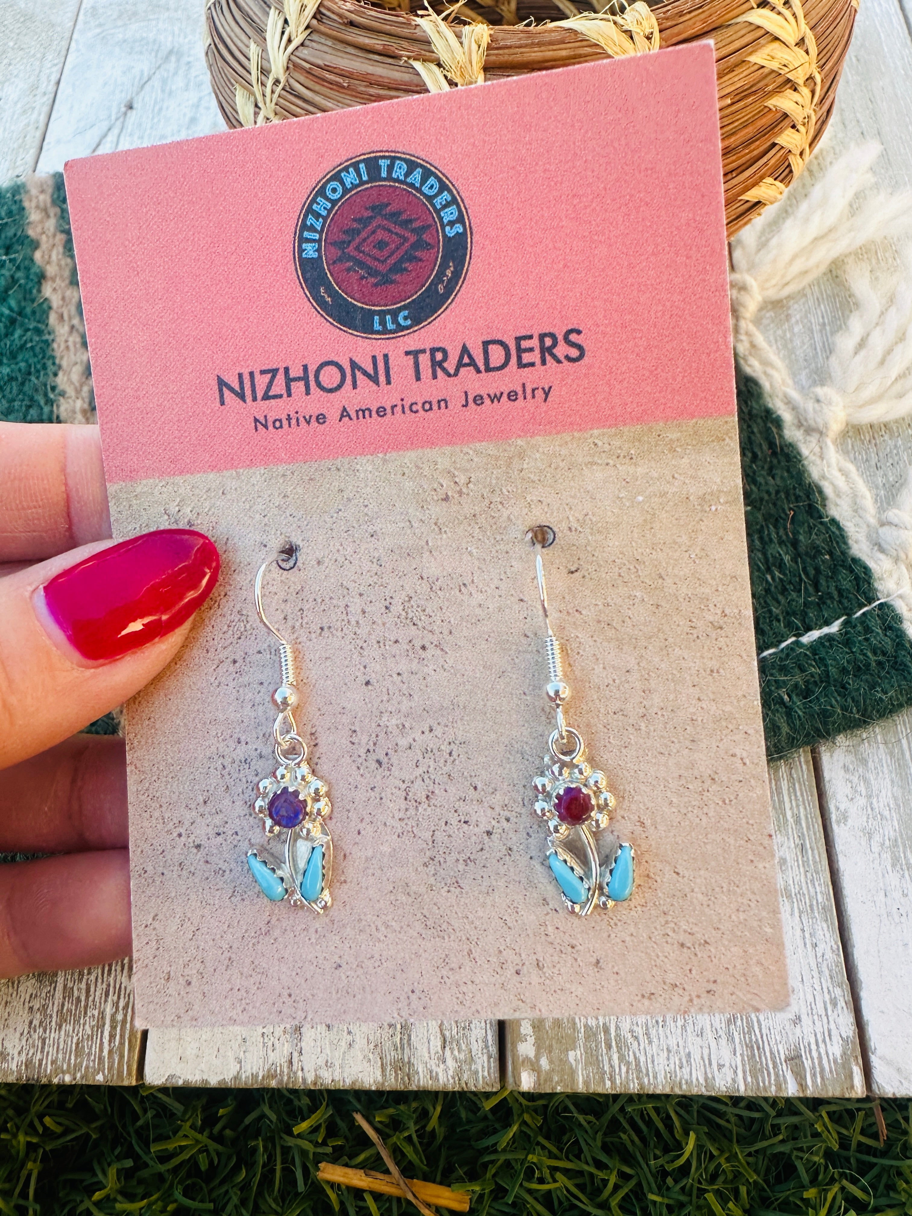 Handcrafted Turquoise, Red Opal & Sterling Silver Flower Dangle Earrings