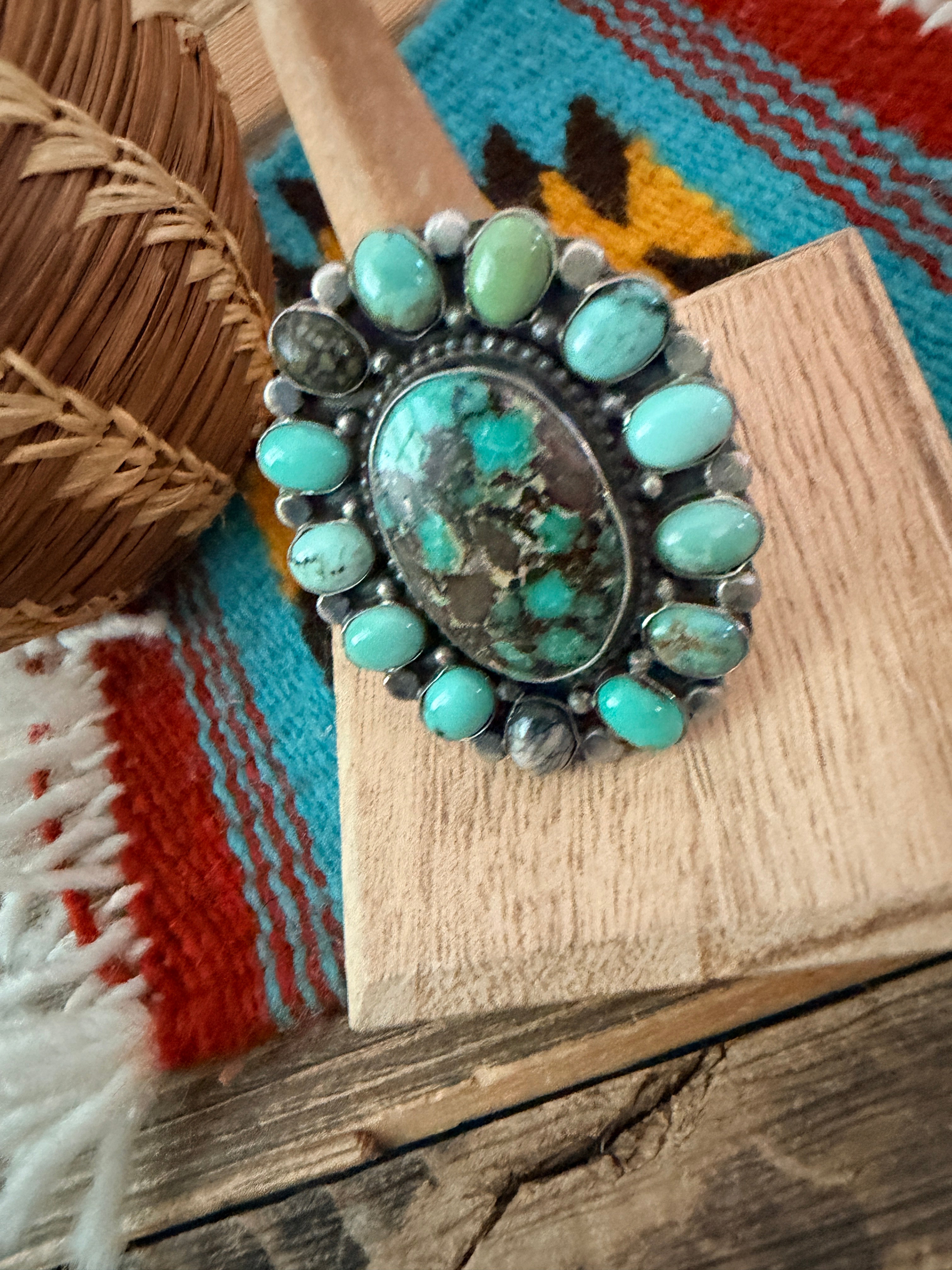 Handcrafted Multi Turquoise & Sterling Silver Cluster Ring by Sheila Becenti Size 8.25