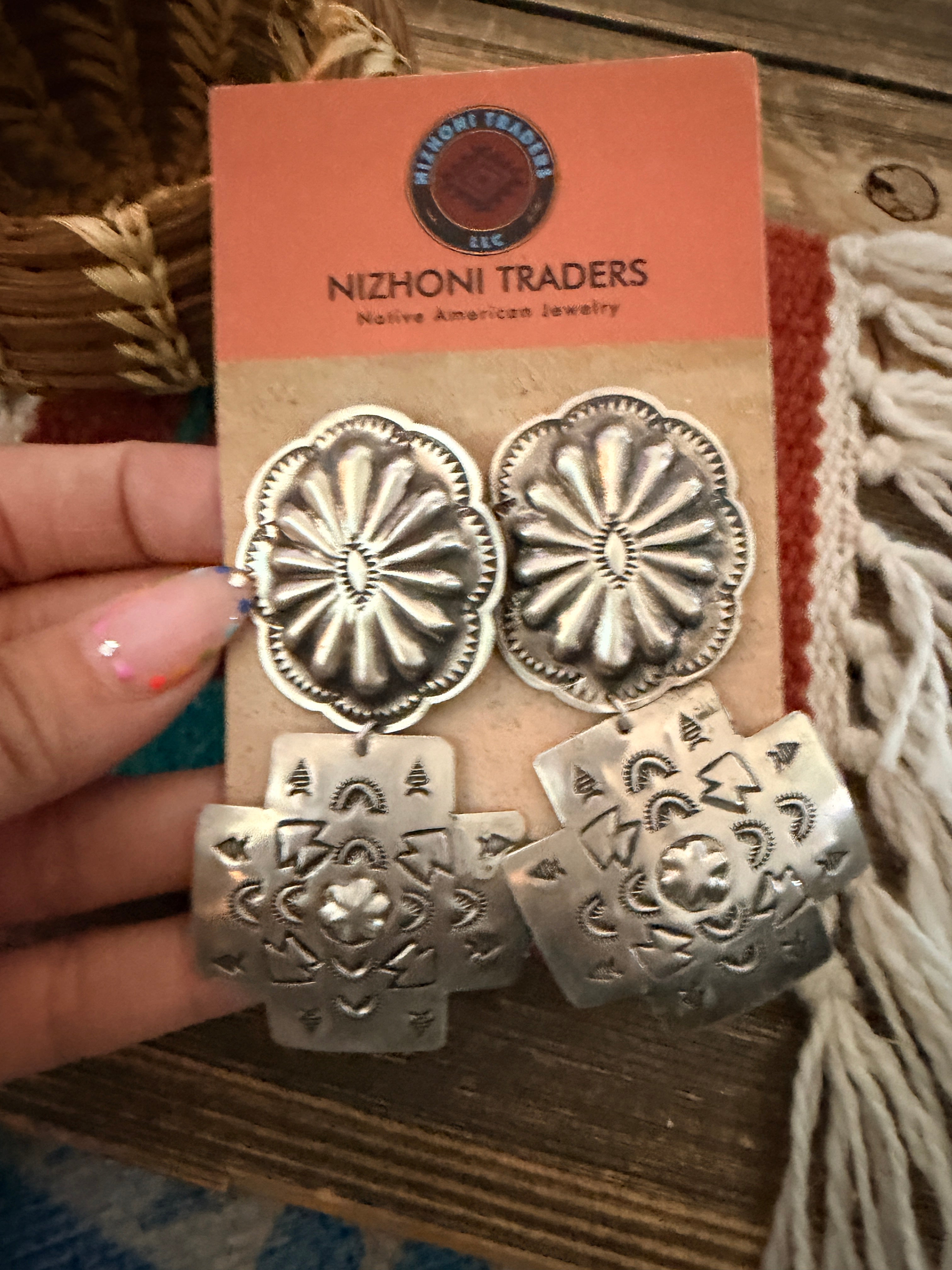 Handcrafted Old Pawn Sterling Silver Concho Cross Dangle Earrings