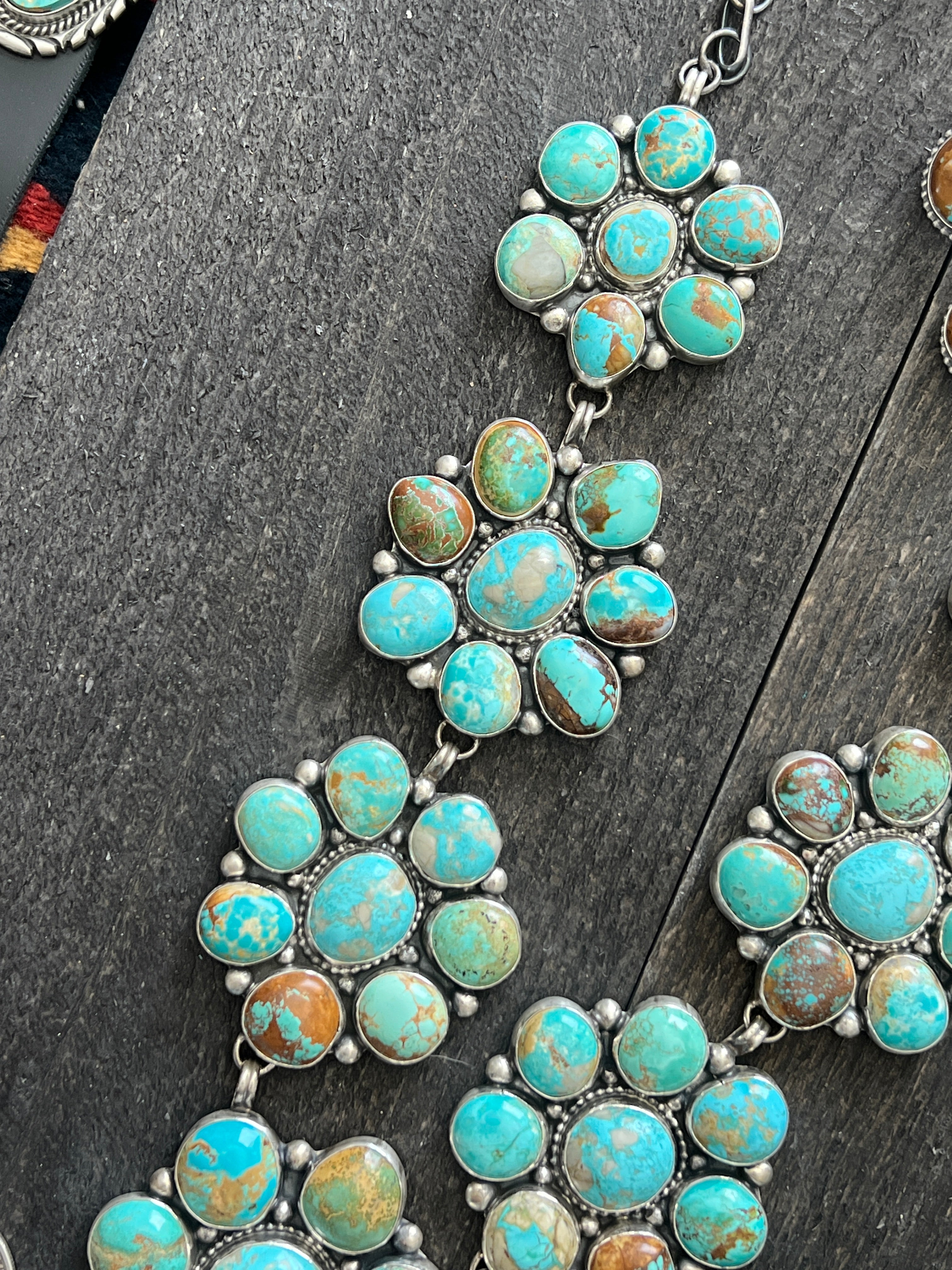 Handcrafted Big Mama Sterling Silver and Royston Turquoise Cluster Necklace with Matching Earrings by Sheila Becenti