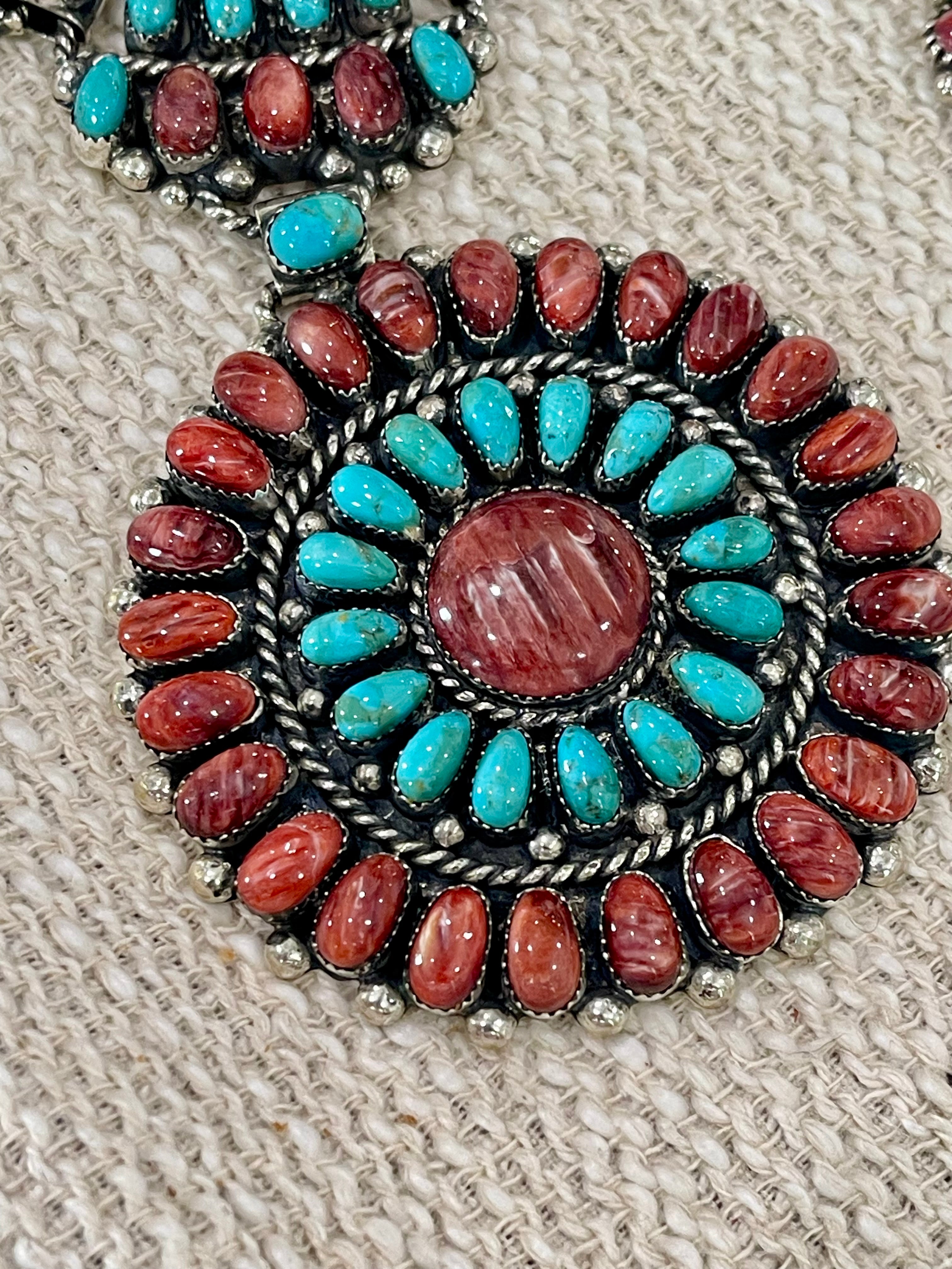 Beautiful Handmade Sterling Silver, Turquoise & Red Spiny Cluster Necklace And Earring Set
