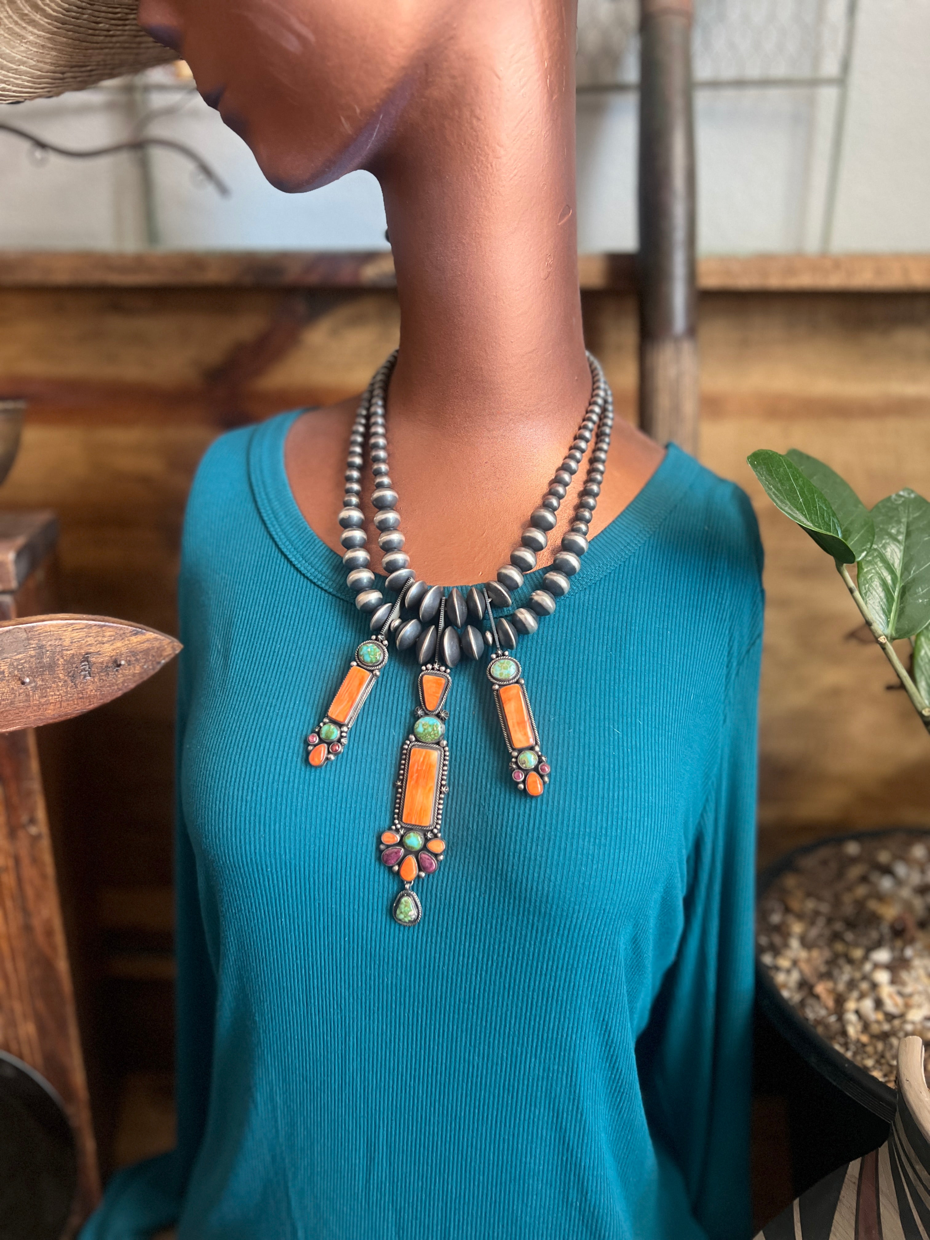 Electric Rainbow Sterling Silver, Sonoran Gold Turquoise and Spiny Oyster Beaded Necklace and Earrings Set by Bernyse Chavez