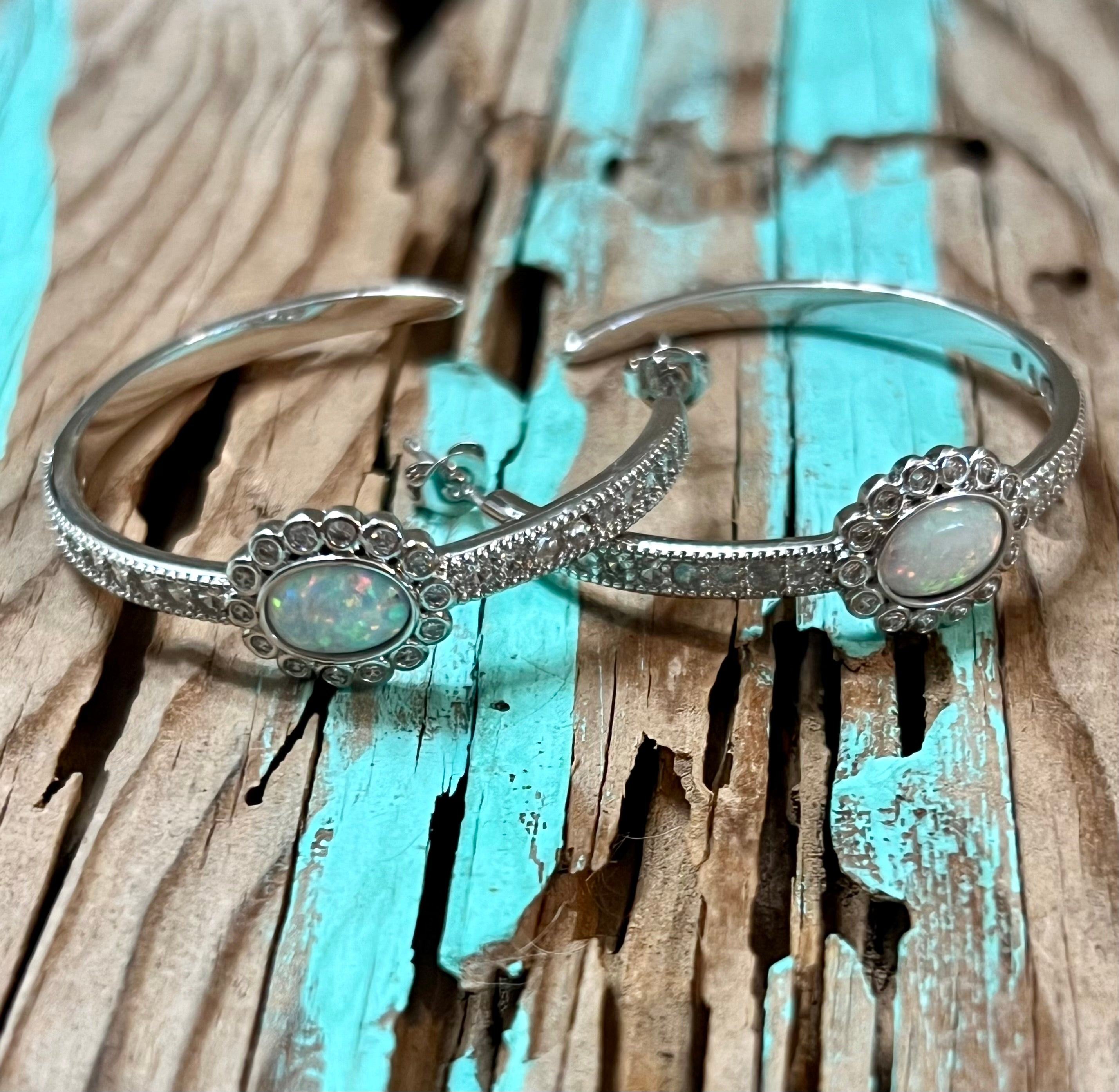 Carina CZ Studded Opal Hoop Earrings Silver